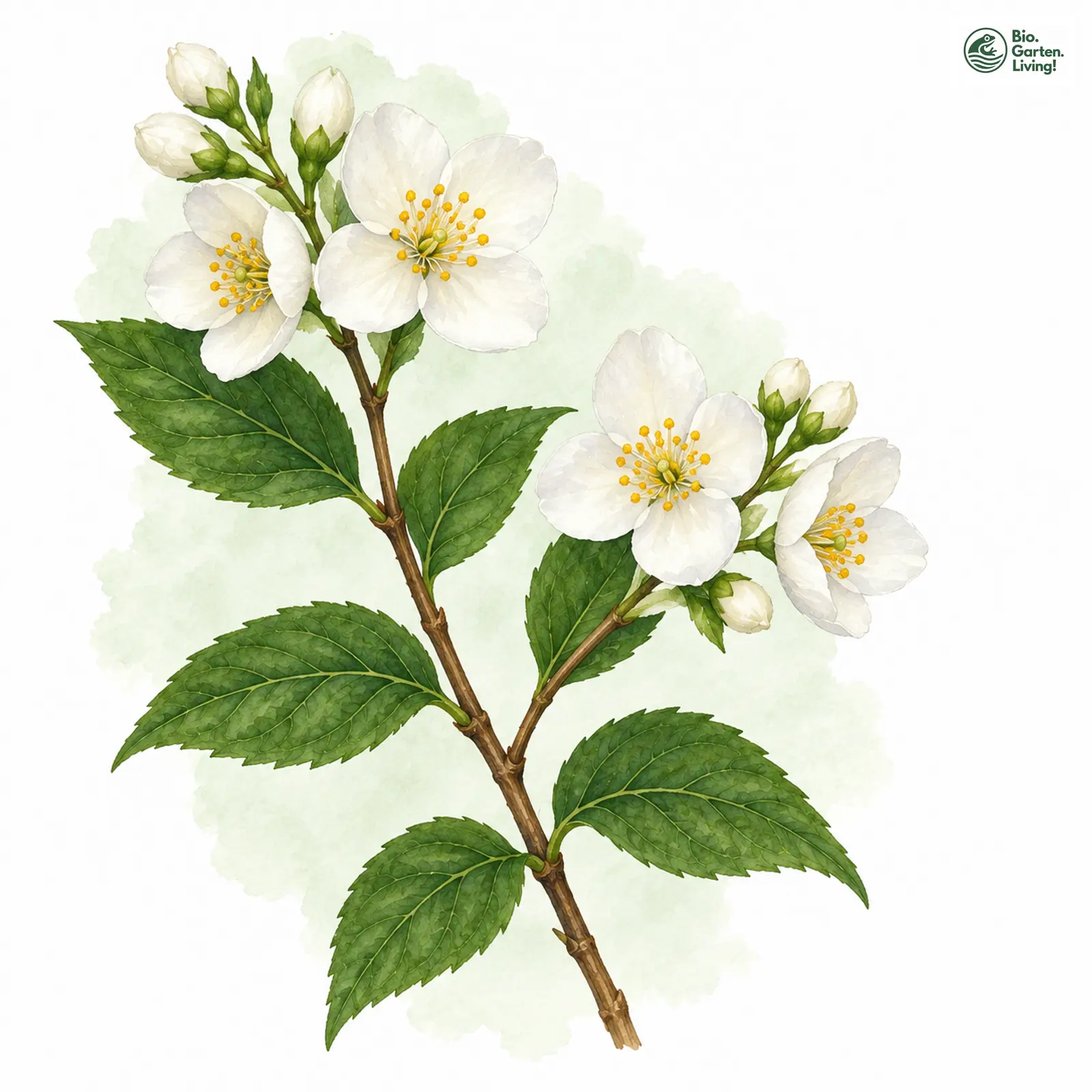 Aquarellzeichnung: Europäischer Pfeifenstrauch (Philadelphus coronarius)