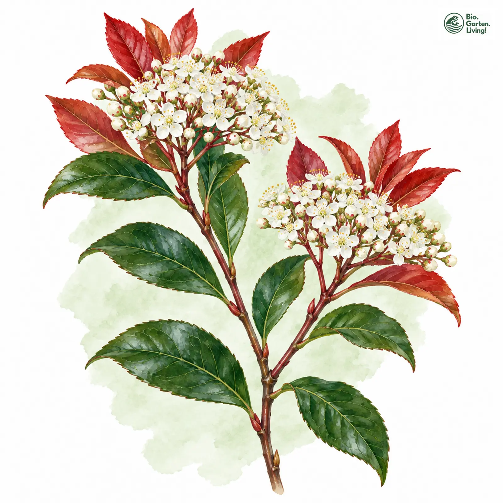 Aquarellzeichnung: Frasers Glanzmispel (Photinia × fraseri)