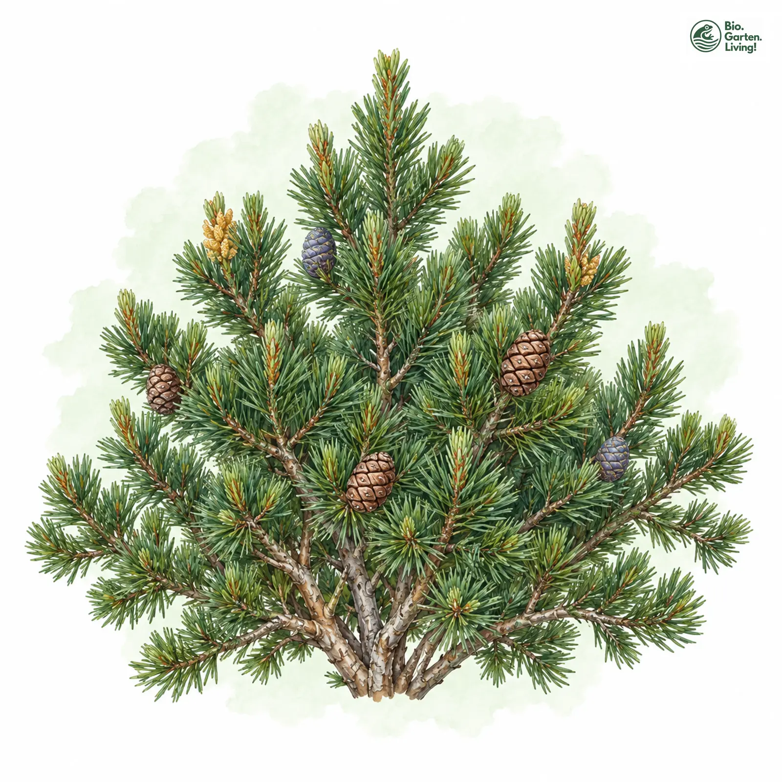 Aquarellzeichnung: Krummholz-Kiefer (Pinus mugo (im engeren Sinne))