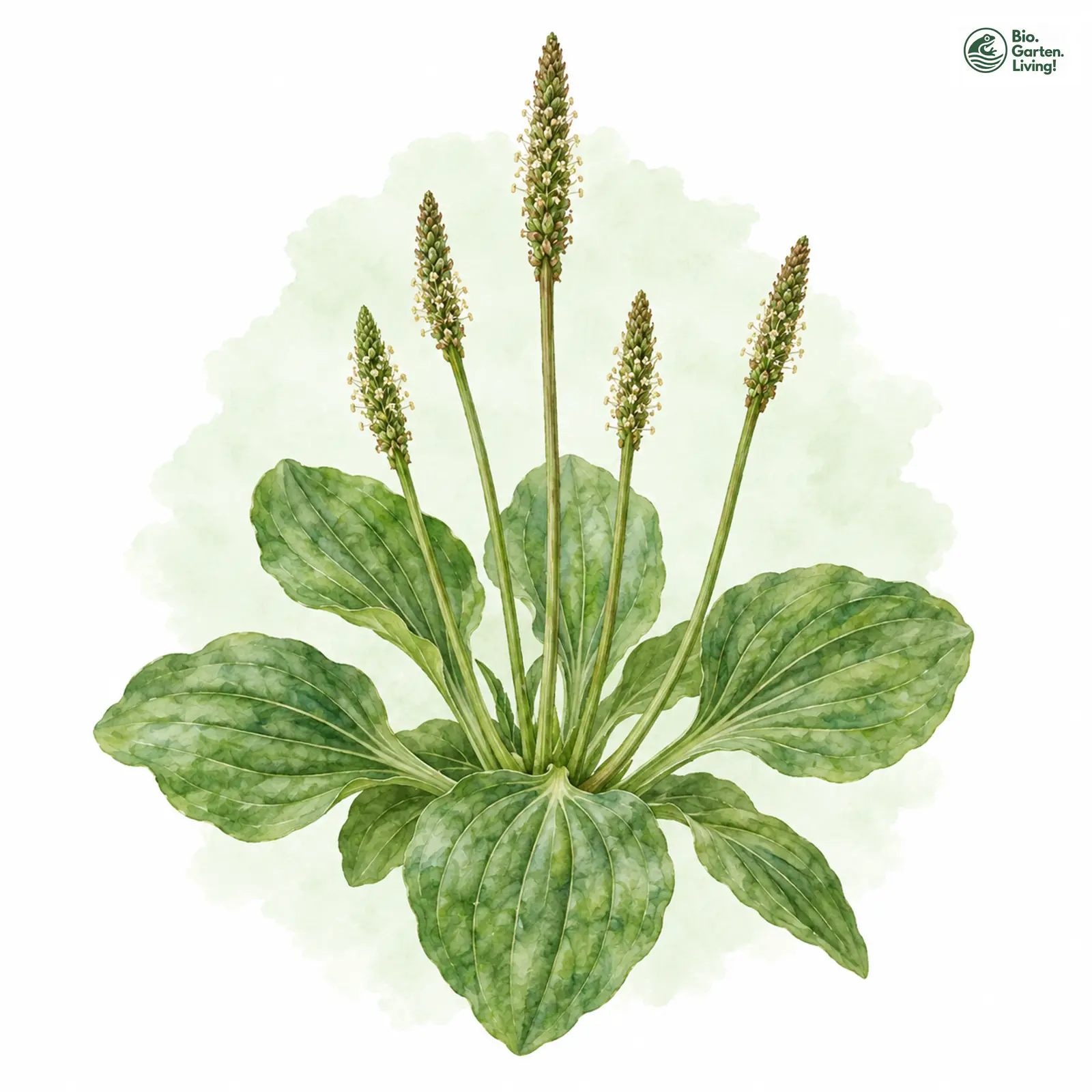 Aquarellzeichnung: Breit-Wegerich (Plantago major (im engeren Sinne))