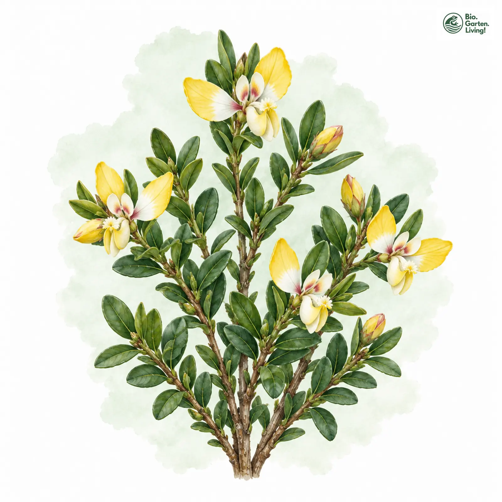 Aquarellzeichnung: Buchsblättriges Kreuzblümchen (Polygala chamaebuxus)