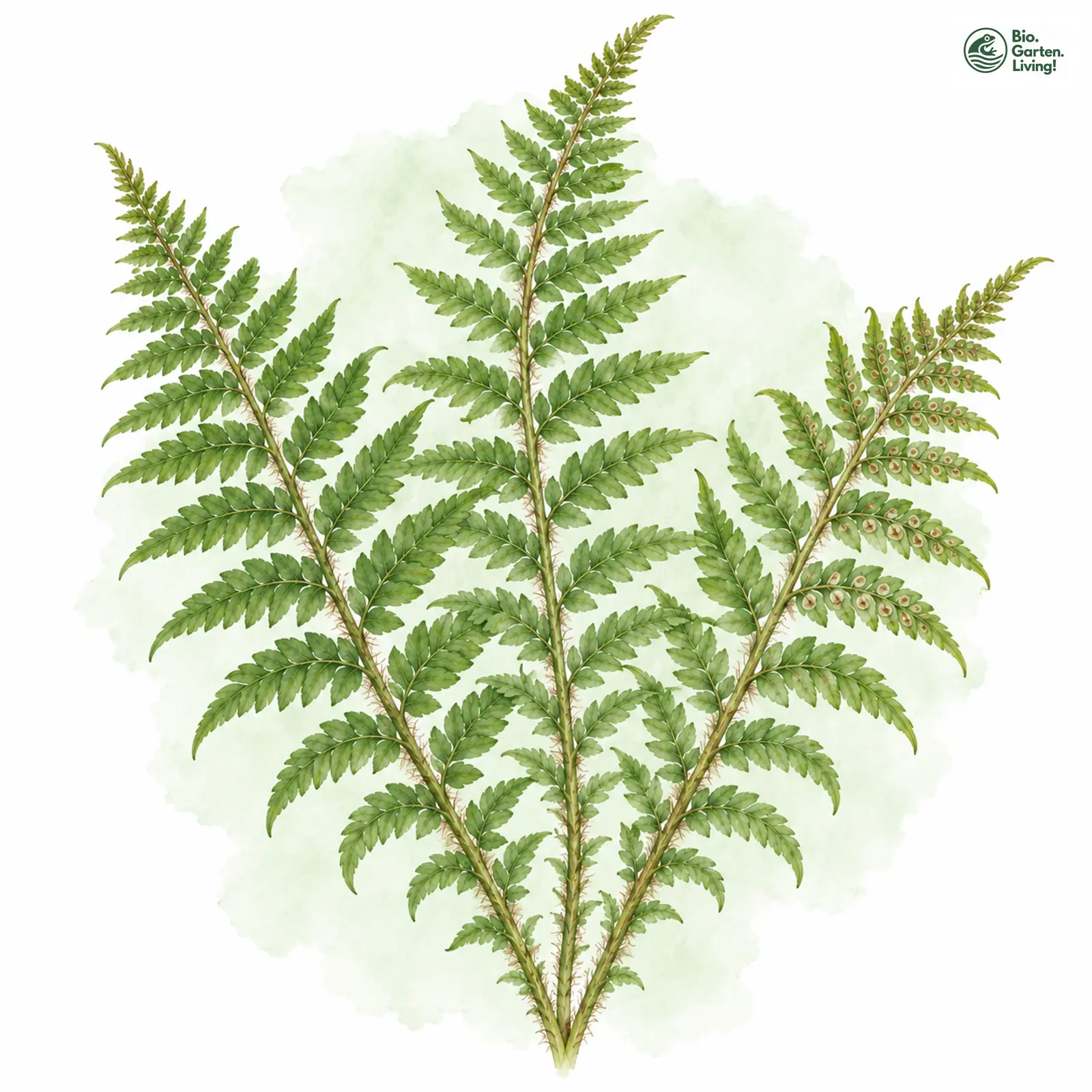 Aquarellzeichnung: Weicher Schildfarn (Polystichum braunii)