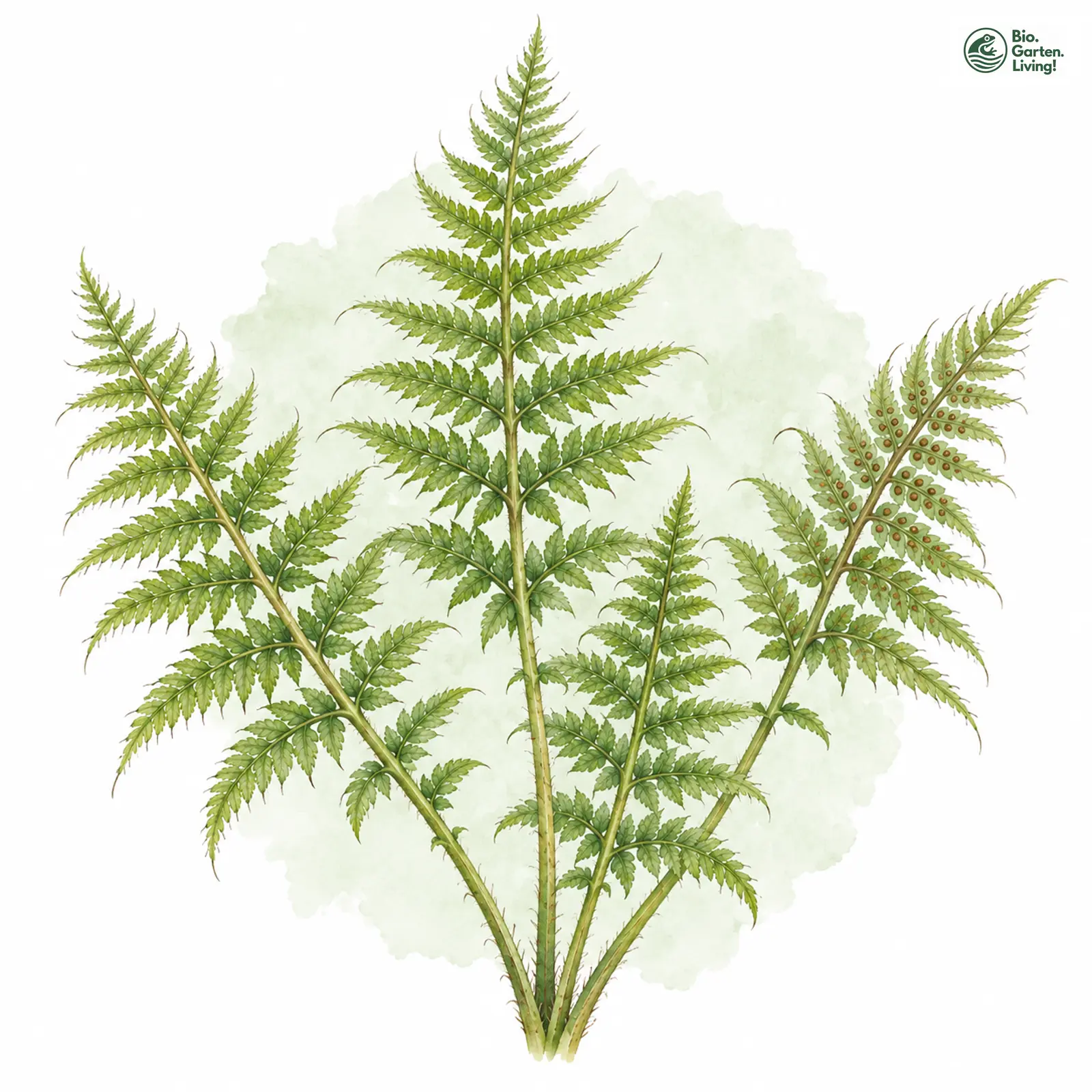 Aquarellzeichnung: Grannen-Schildfarn (Polystichum setiferum)