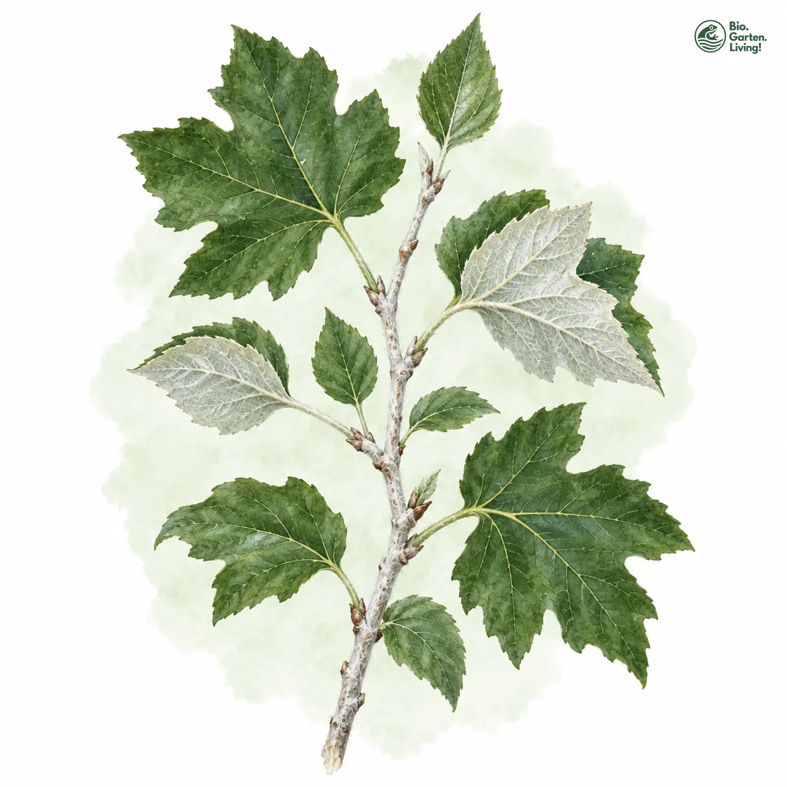 Aquarellzeichnung: Silber-Pappel (Populus alba)