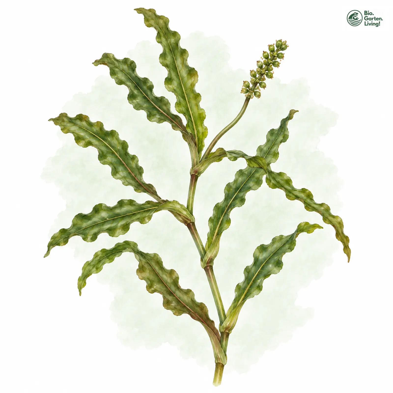 Aquarellzeichnung: Krauses Laichkraut (Potamogeton crispus)