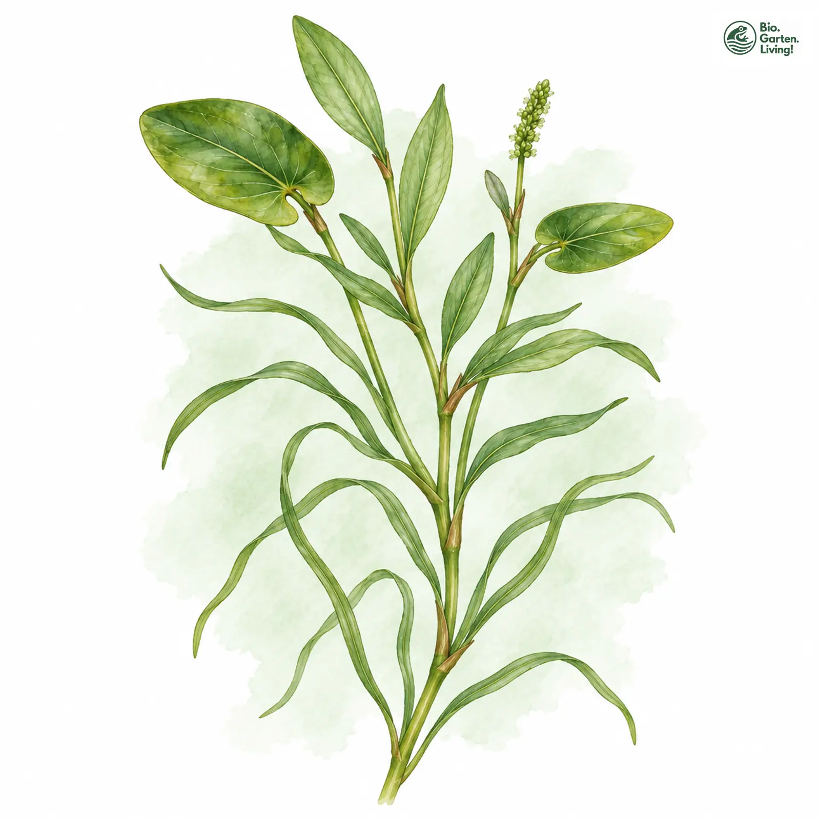 Aquarellzeichnung: Rippennerviges Laichkraut (Potamogeton sparganiifolius)