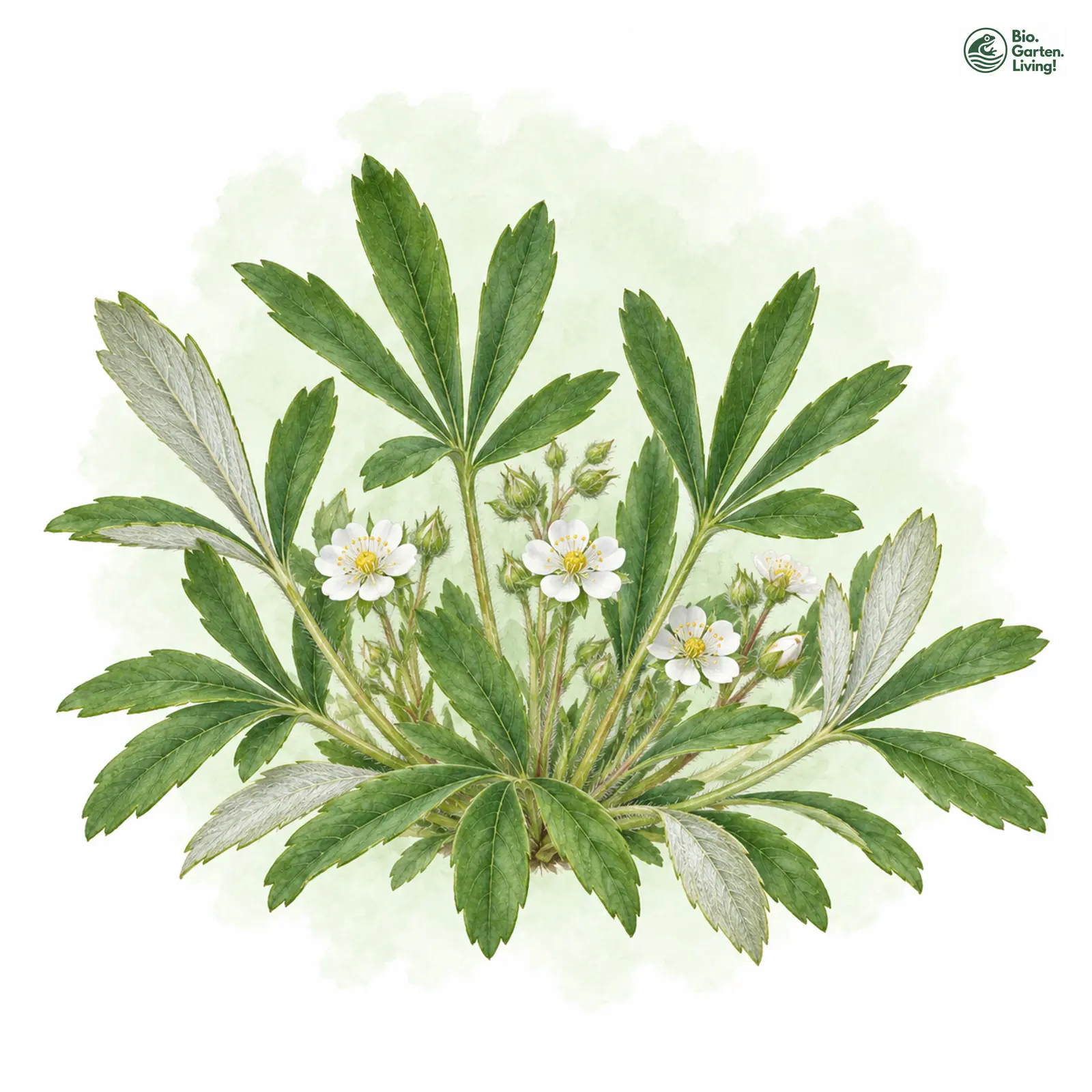 Aquarellzeichnung: Weißes Fingerkraut (Potentilla alba)