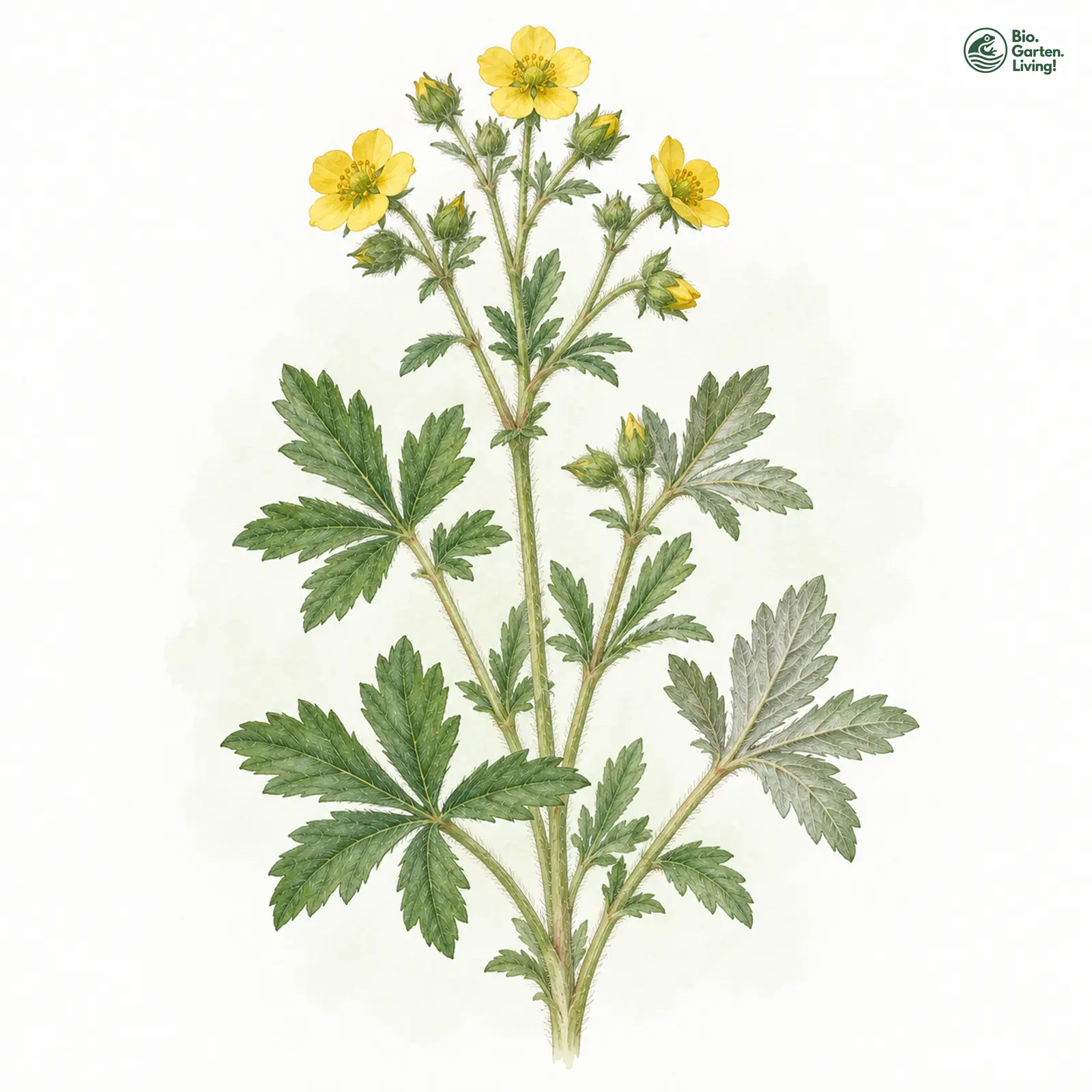 Aquarellzeichnung: Echtes Hügel-Fingerkraut (Potentilla collina (im engeren Sinne))