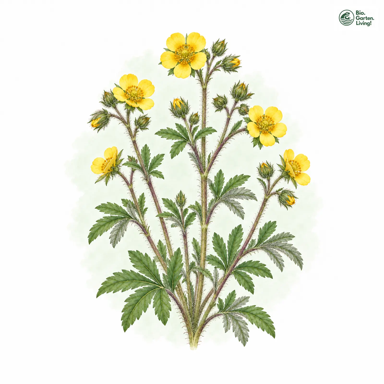 Aquarellzeichnung: Graues Fingerkraut (Potentilla inclinata)