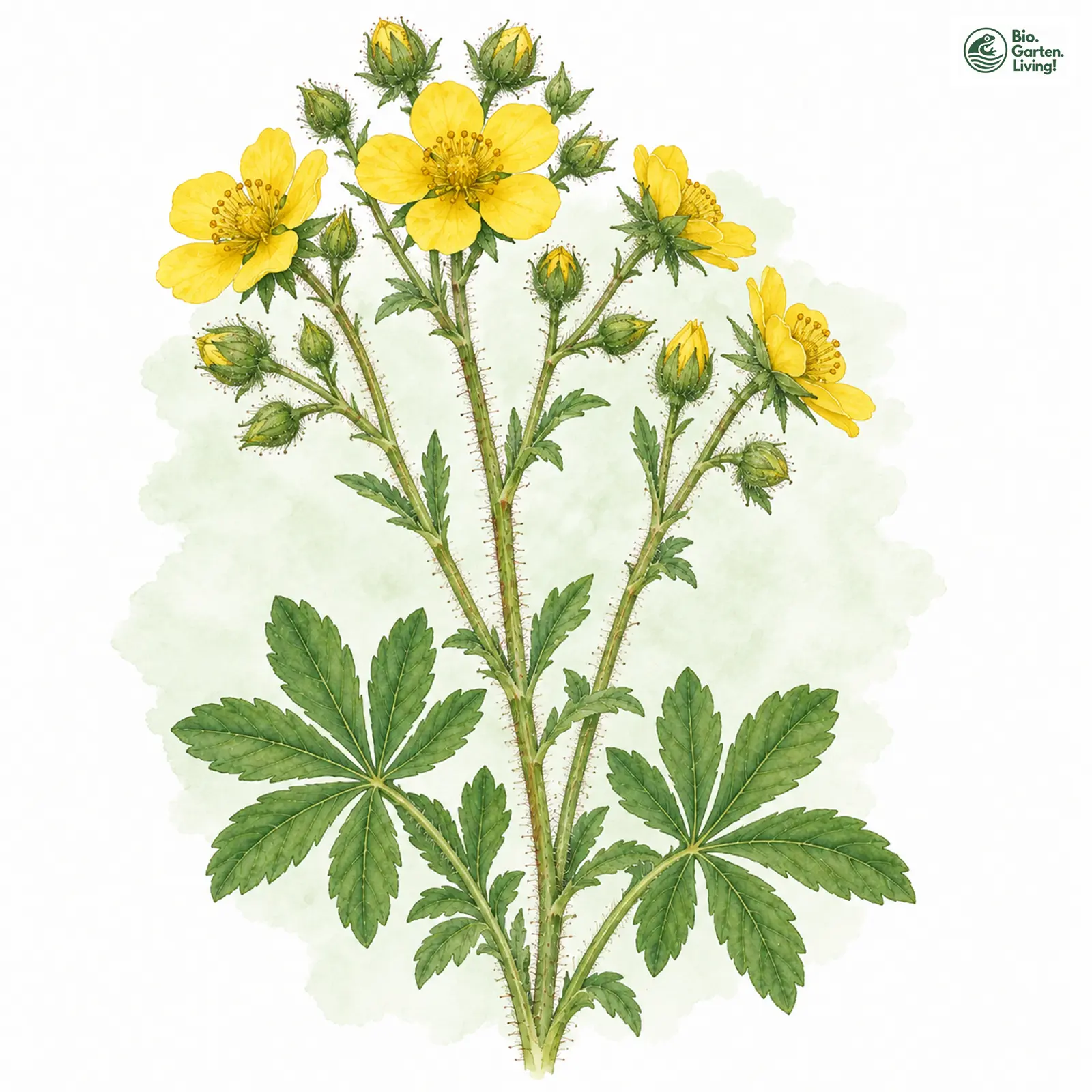 Aquarellzeichnung: Aufrechtes Fingerkraut (Potentilla recta)