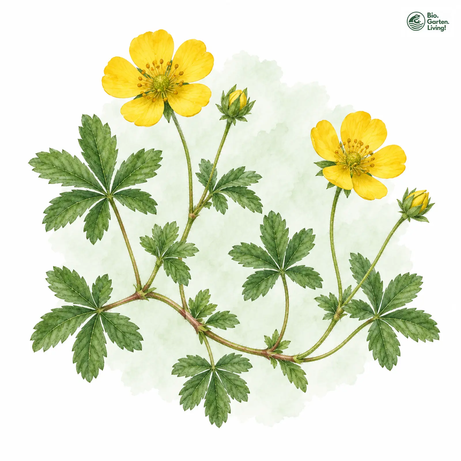 Aquarellzeichnung: Kriechendes Fingerkraut (Potentilla reptans)