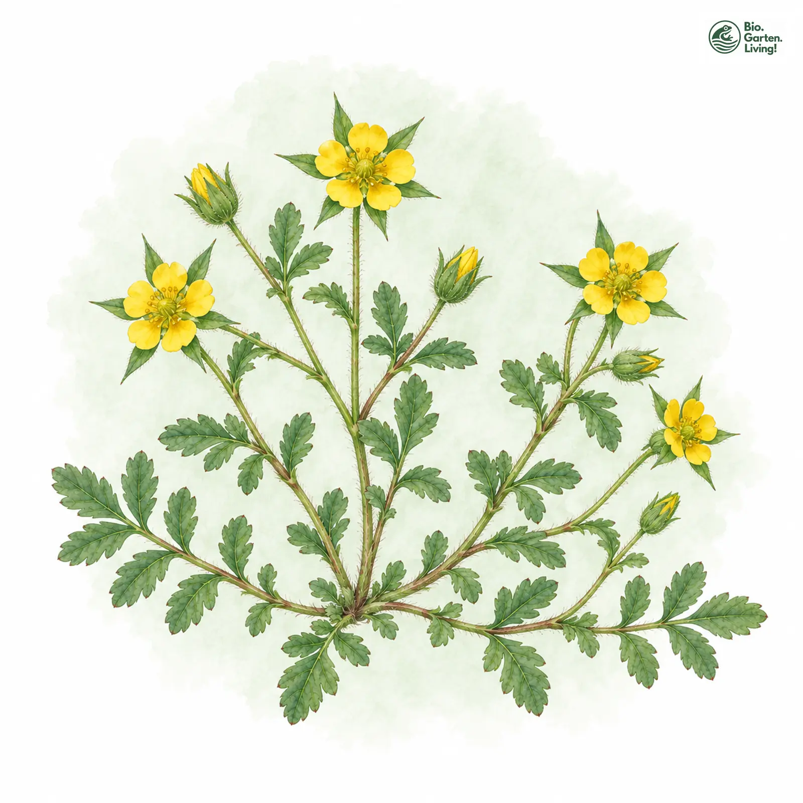 Aquarellzeichnung: Niedriges Fingerkraut (Potentilla supina)