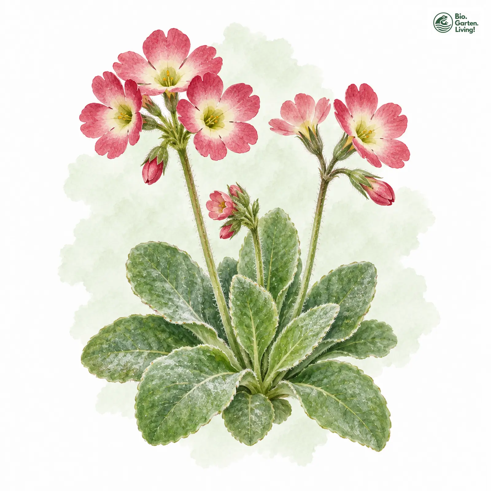 Aquarellzeichnung: Garten-Primel (Primula pubescens)