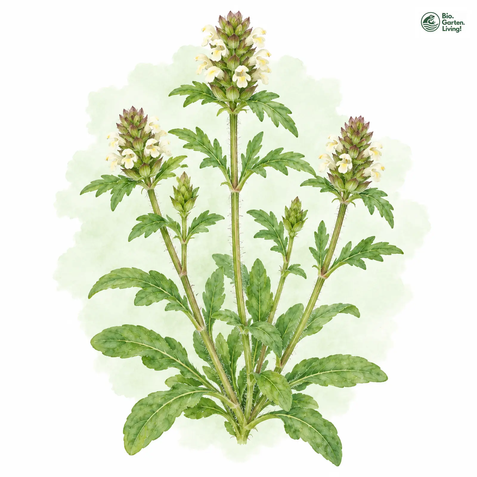 Aquarellzeichnung: Weiße Braunelle (Prunella laciniata)