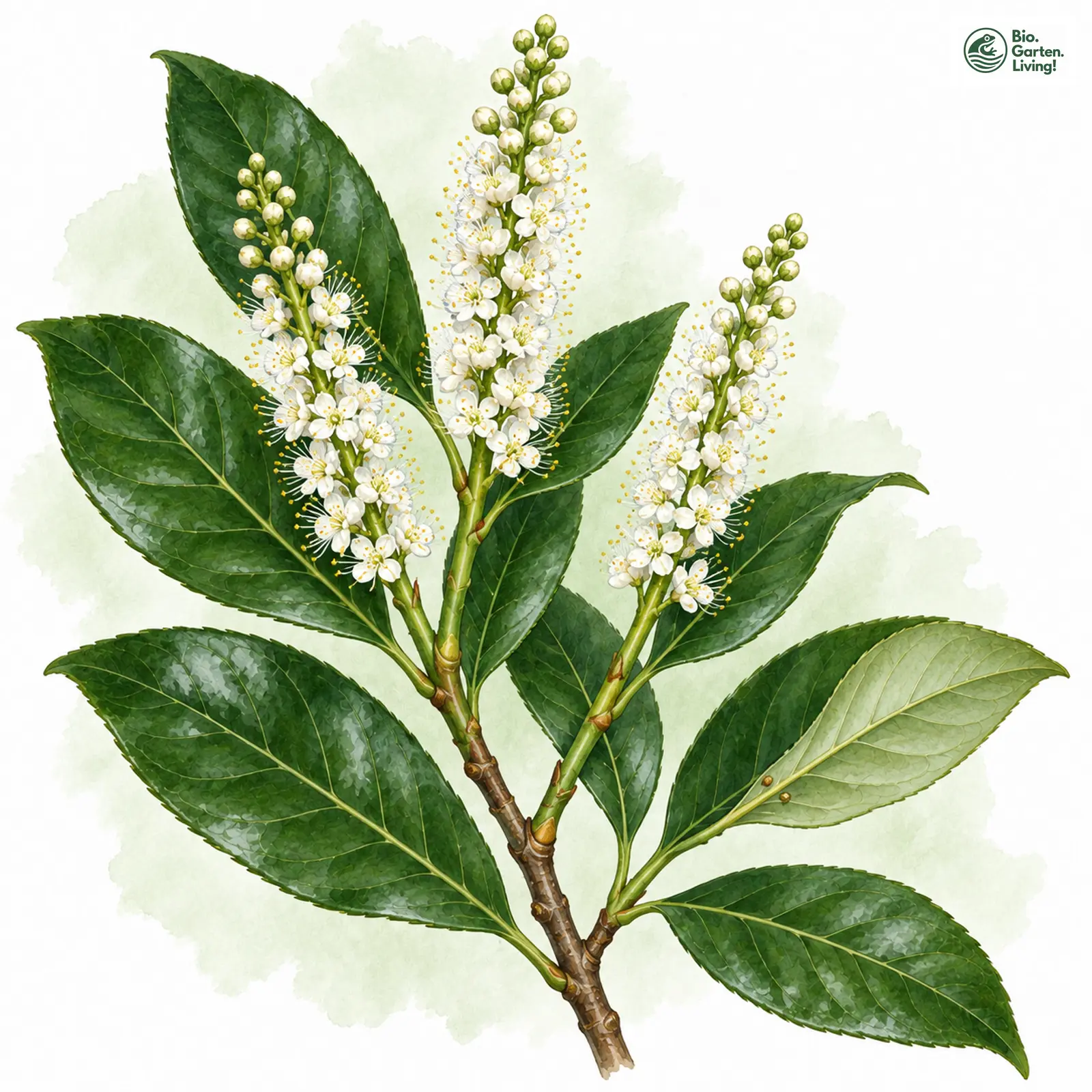 Aquarellzeichnung: Kirschlorbeer (Prunus laurocerasus)