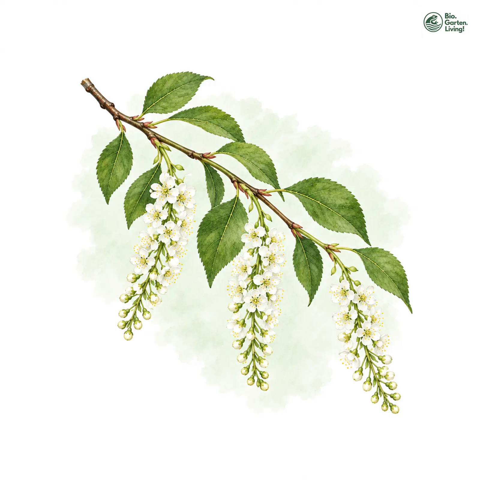 Aquarellzeichnung: Gewöhnliche Trauben-Kirsche (Prunus padus)