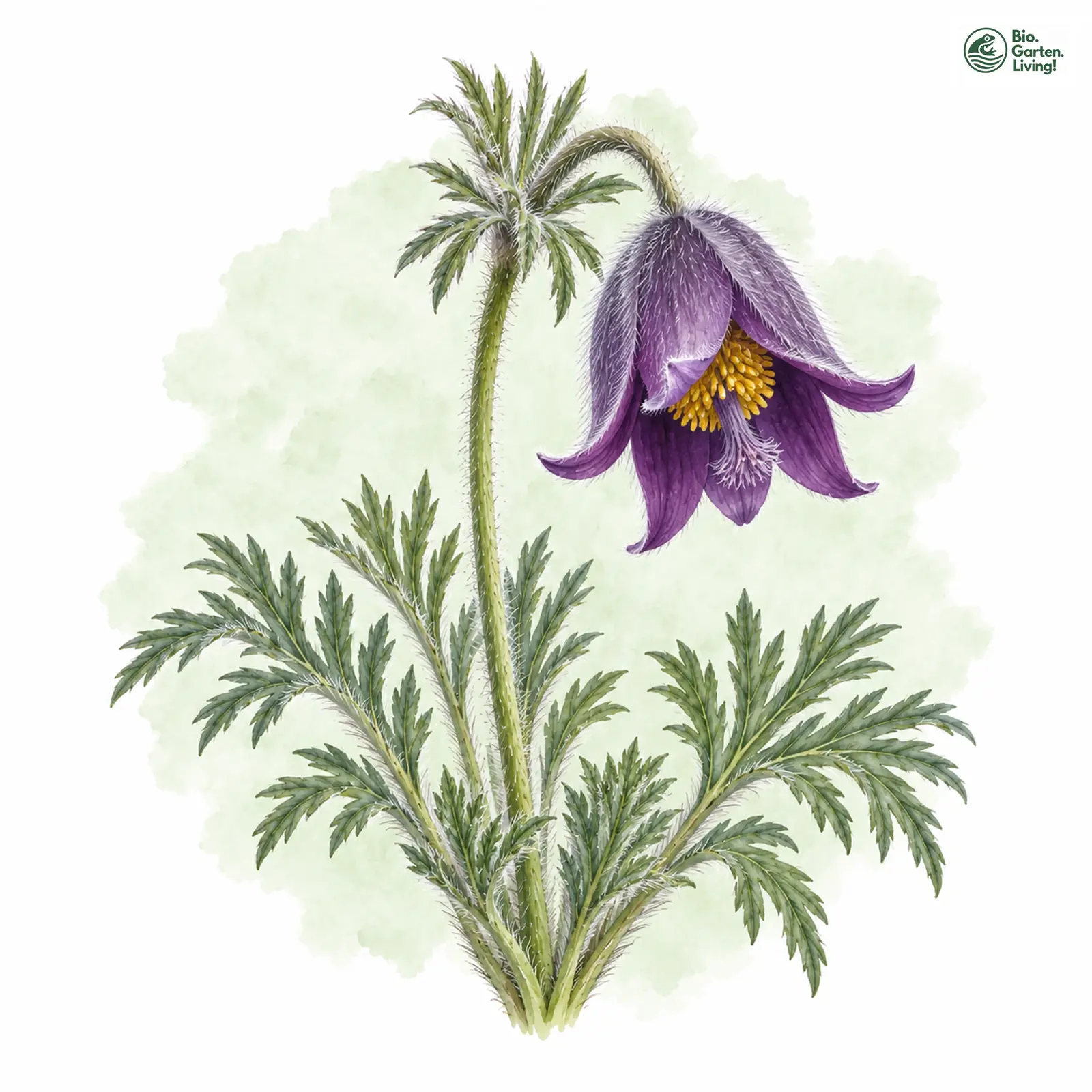 Aquarellzeichnung: Wiesen-Küchenschelle (Pulsatilla pratensis)
