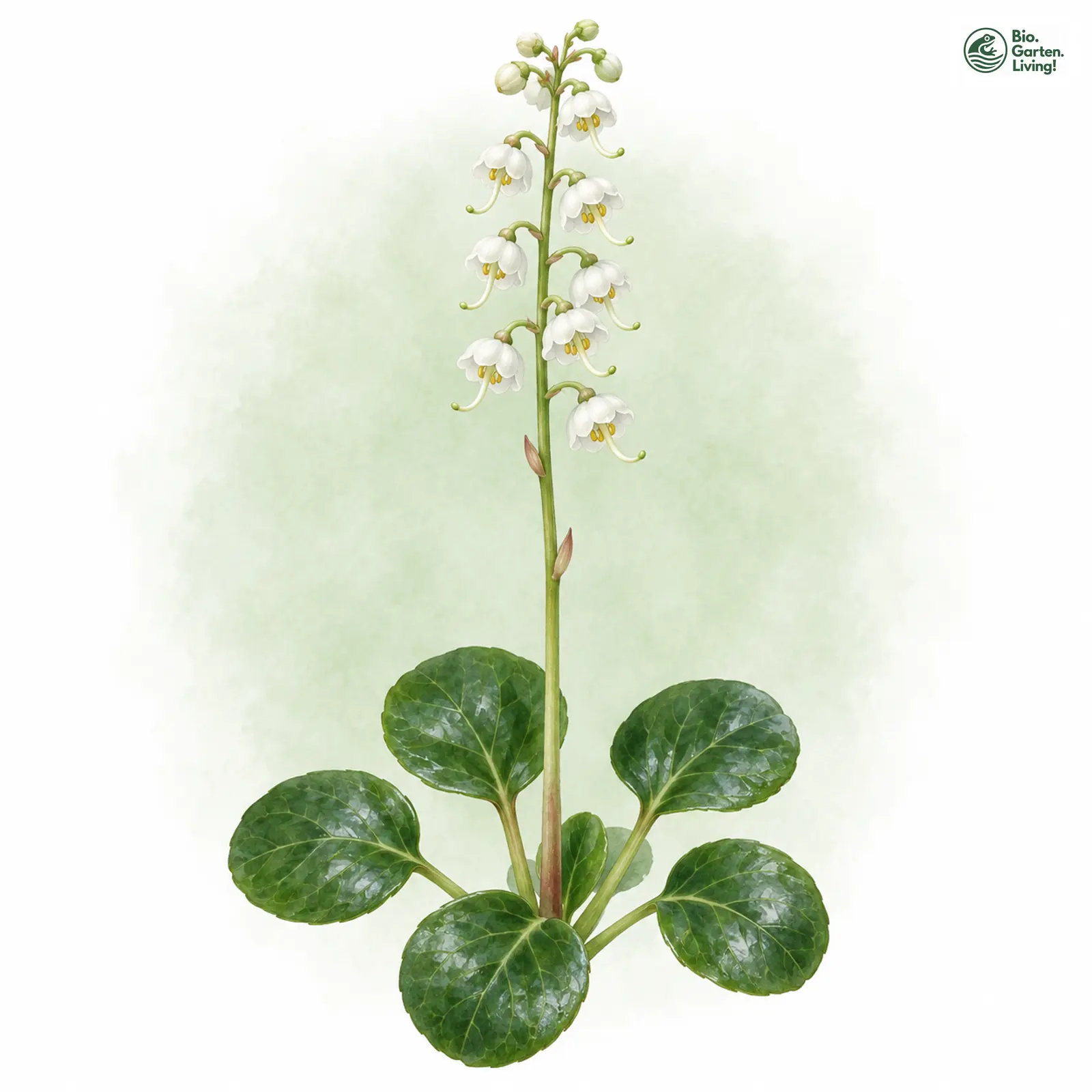 Aquarellzeichnung: Rundblättriges Wintergrün (Pyrola rotundifolia)