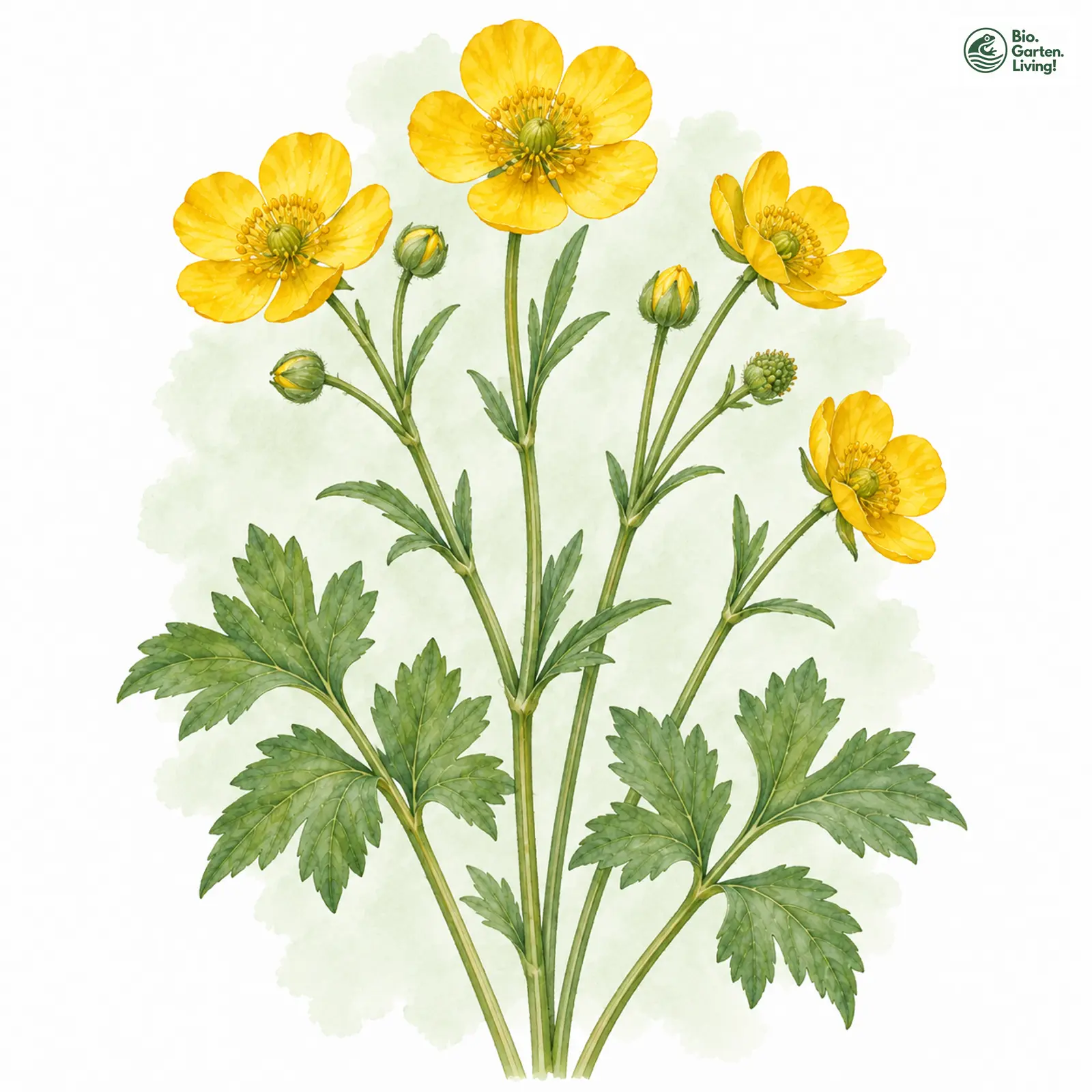 Aquarellzeichnung: Elsässer Gold-Hahnenfuß (Ranunculus alsaticus)