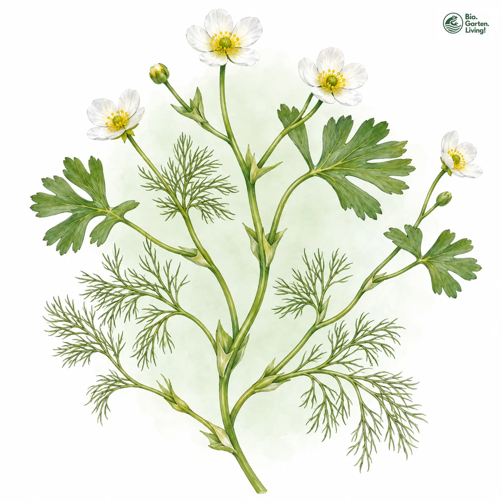 Aquarellzeichnung: Gewöhnlicher Wasser-Hahnenfuß (Ranunculus aquatilis)