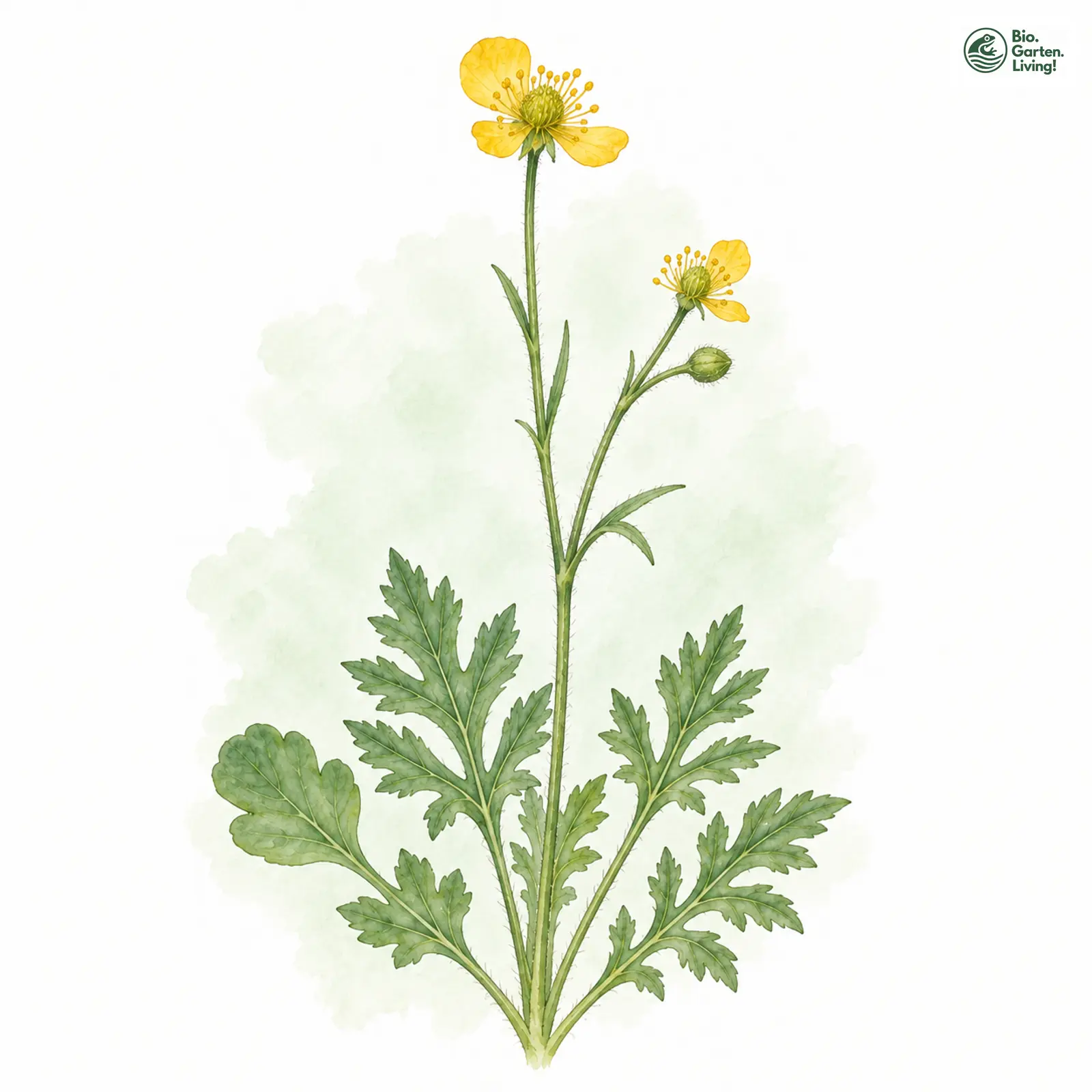 Aquarellzeichnung: Dreifrauen-Gold-Hahnenfuß (Ranunculus biclaterae)