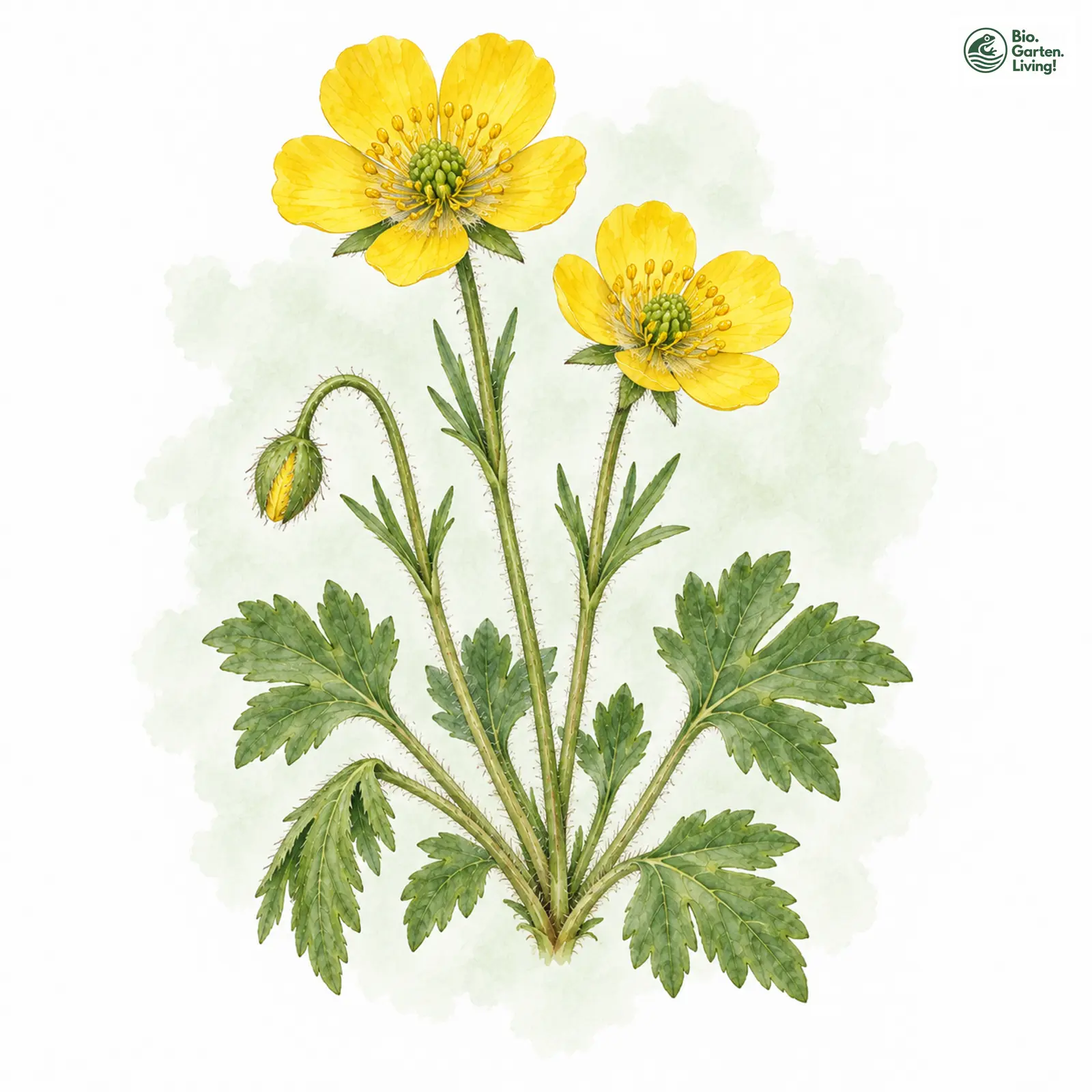 Aquarellzeichnung: Gebirgs-Hahnenfuß (Ranunculus breyninus)