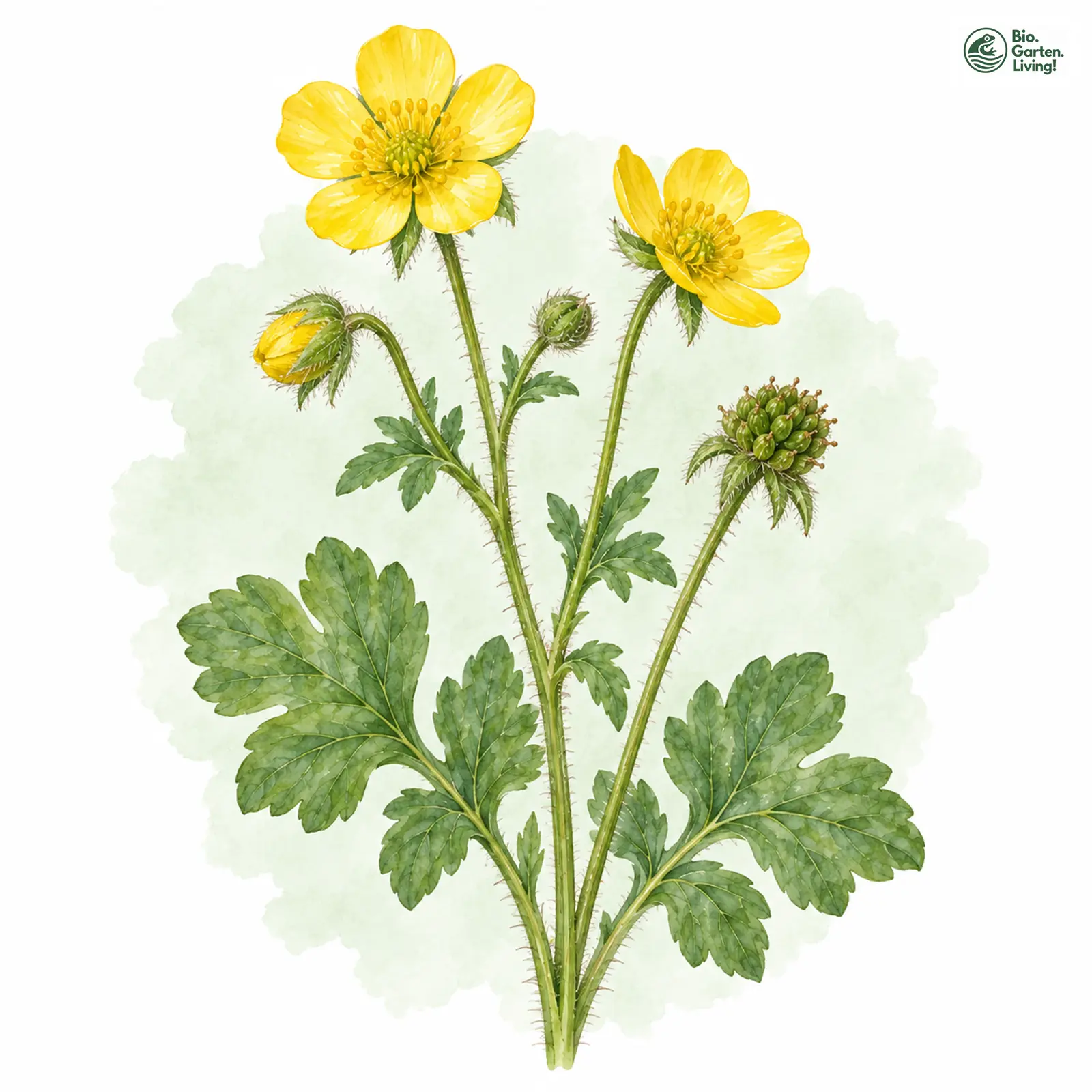 Aquarellzeichnung: Knolliger Hahnenfuß (Ranunculus bulbosus)
