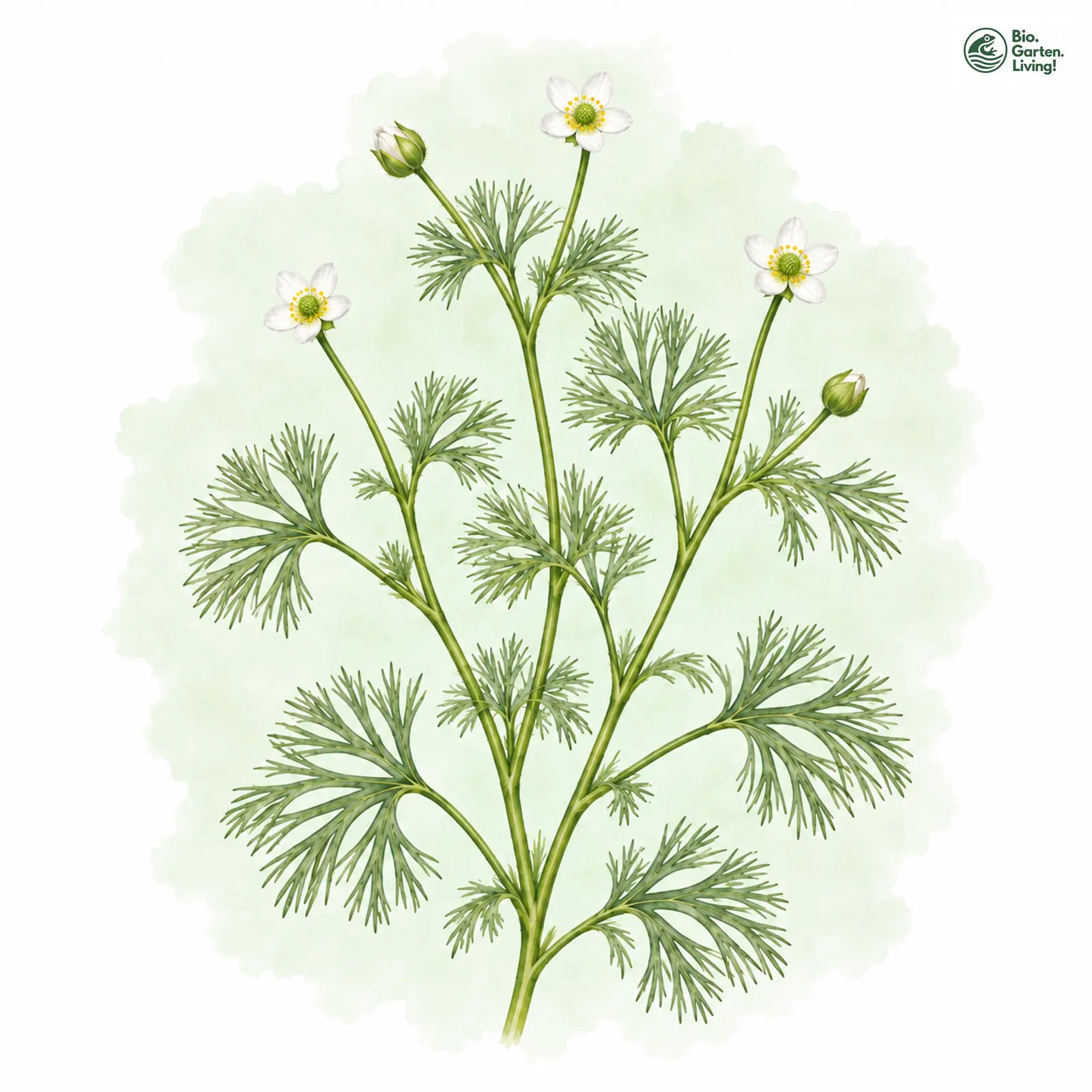 Aquarellzeichnung: Spreizender Wasser-Hahnenfuß (Ranunculus circinatus)