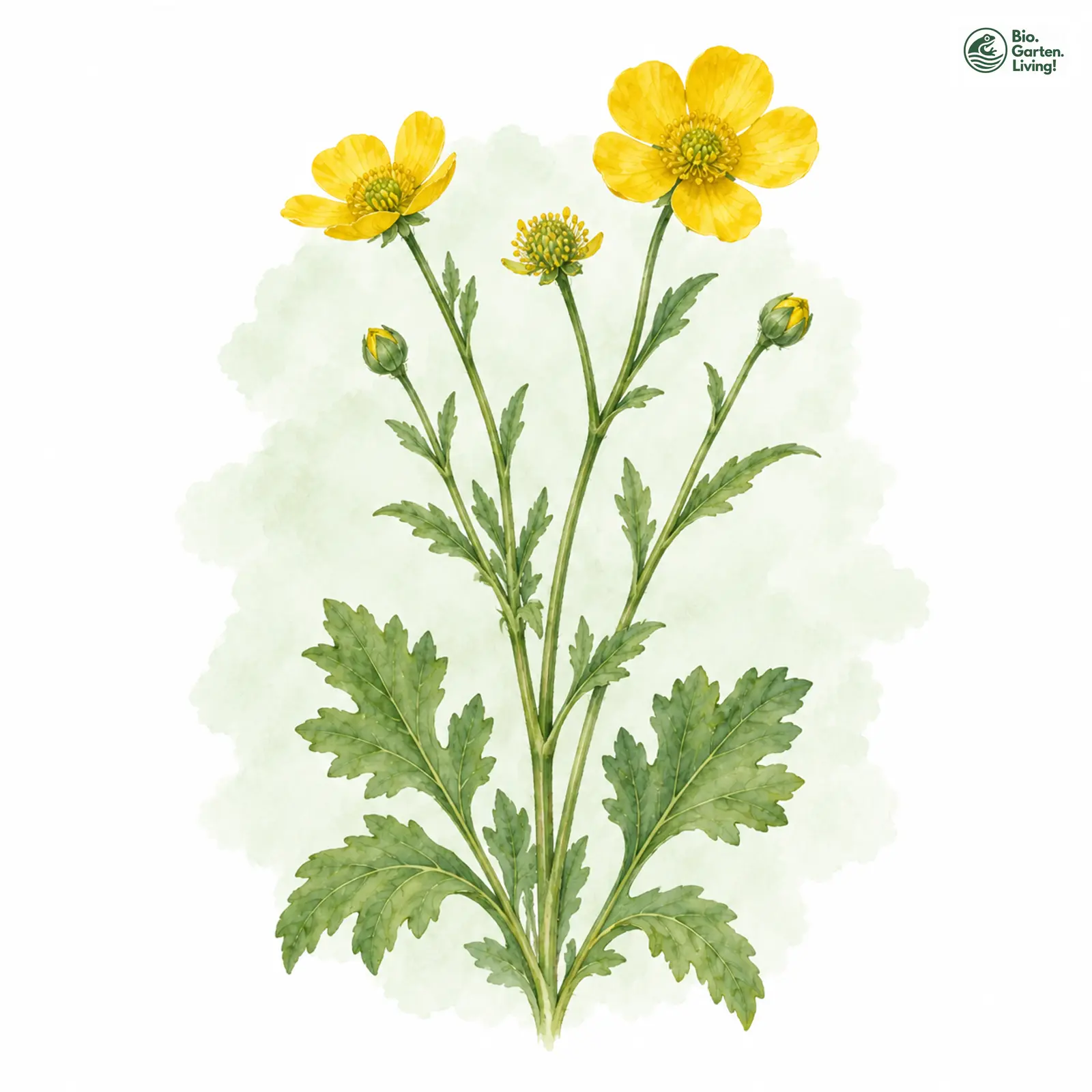 Aquarellzeichnung: Ungleichmäßiger Gold-Hahnenfuß (Ranunculus irregularis)