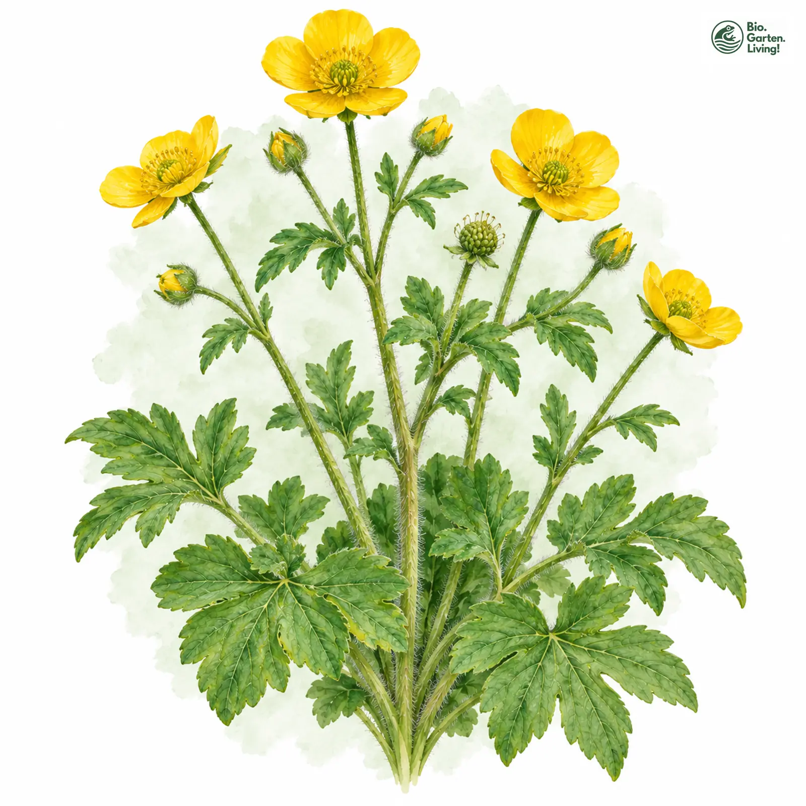 Aquarellzeichnung: Wolliger Hahnenfuß (Ranunculus lanuginosus)
