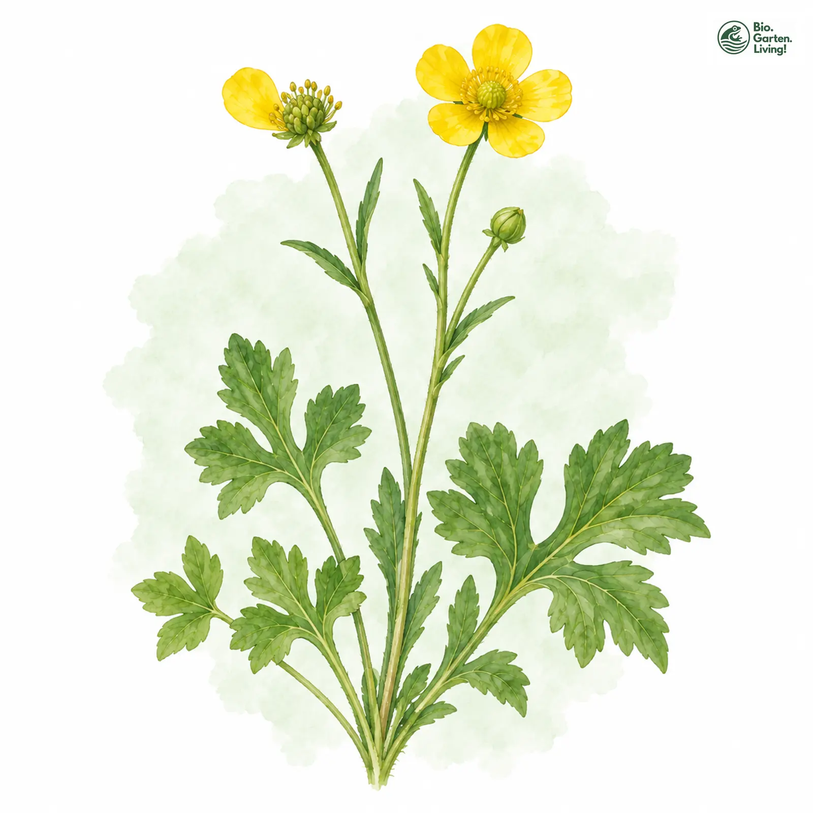 Aquarellzeichnung: Großohr-Gold-Hahnenfuß (Ranunculus macrotis)