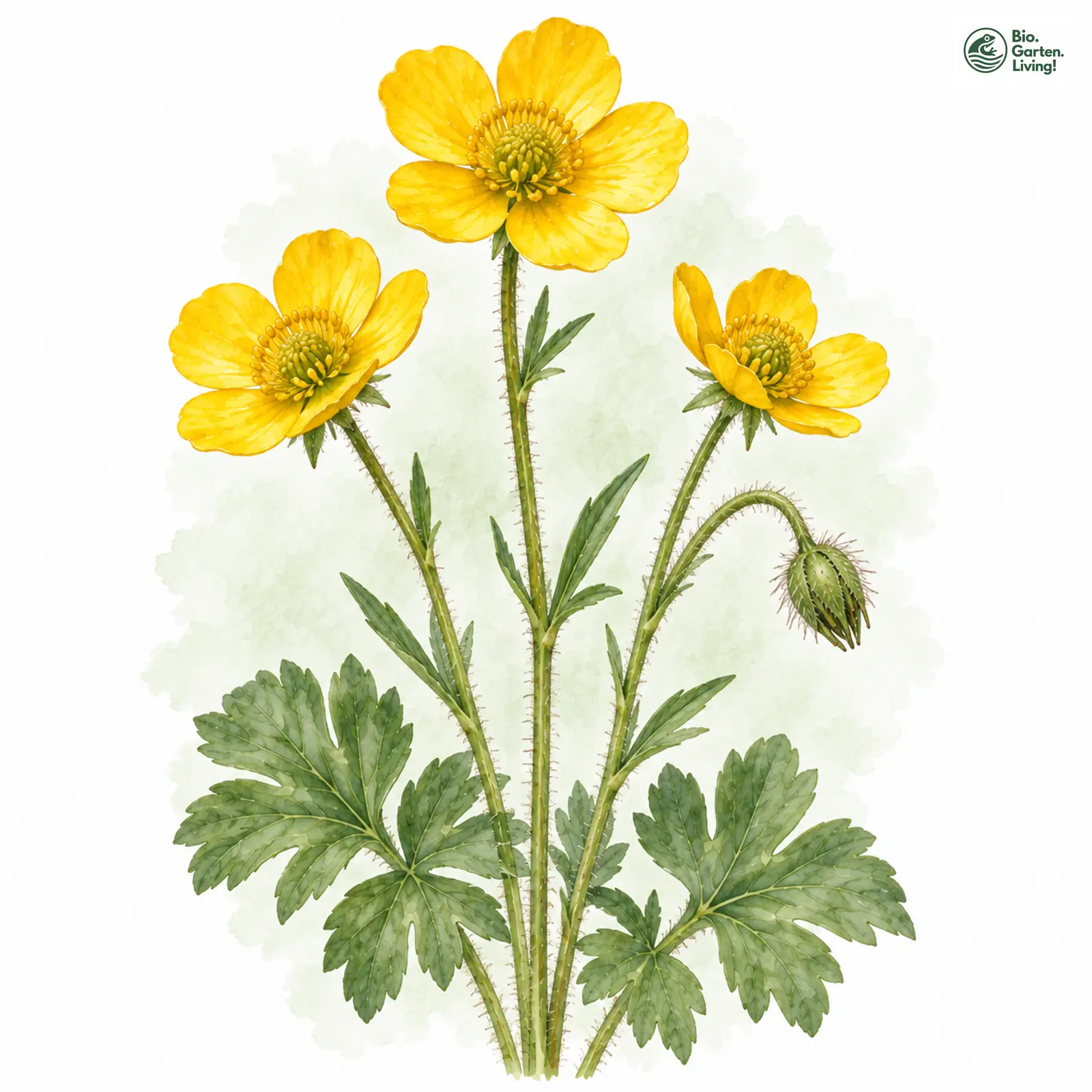Aquarellzeichnung: Berg-Hahnenfuß (Ranunculus montanus)