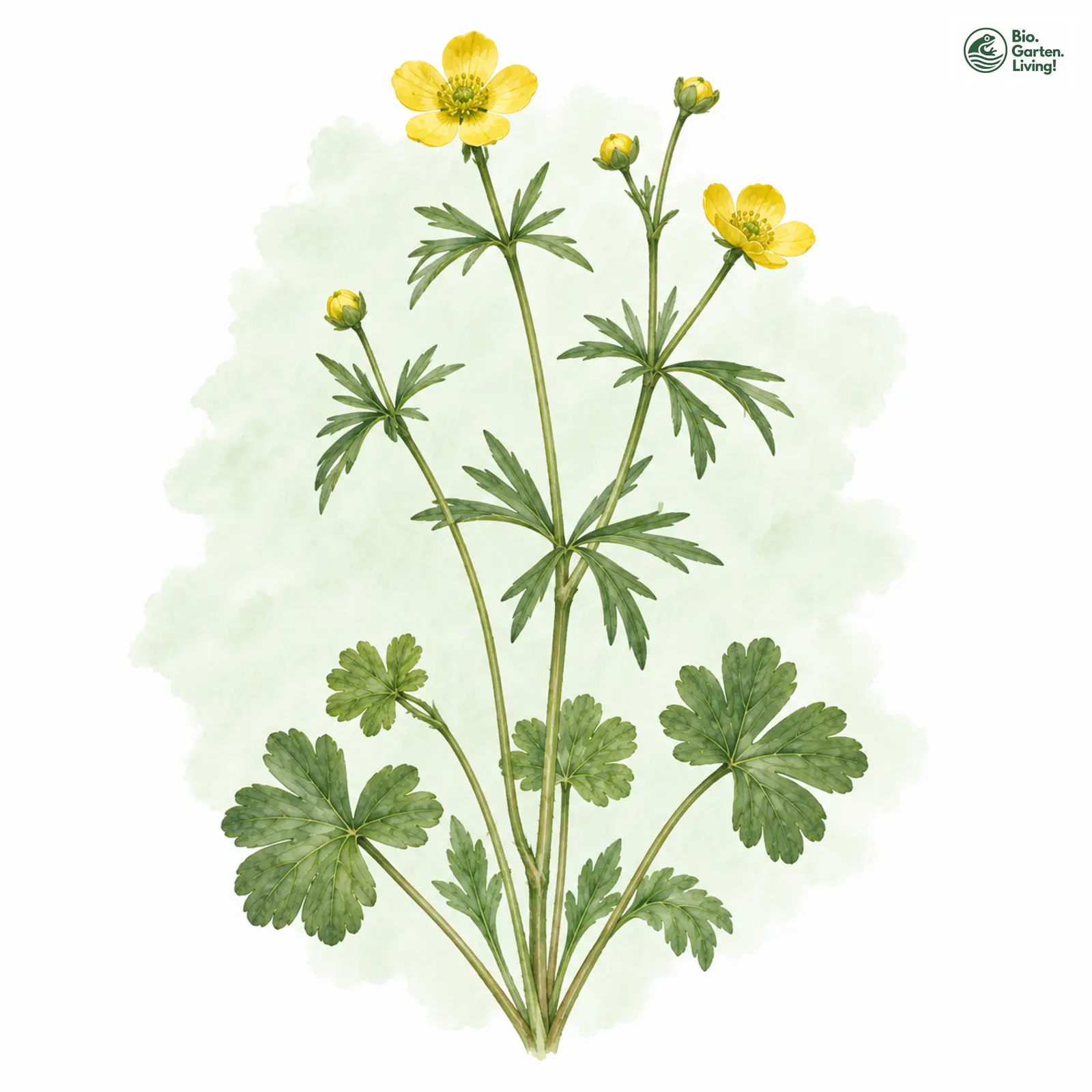 Aquarellzeichnung: Mosel-Gold-Hahnenfuß (Ranunculus mosellanus)