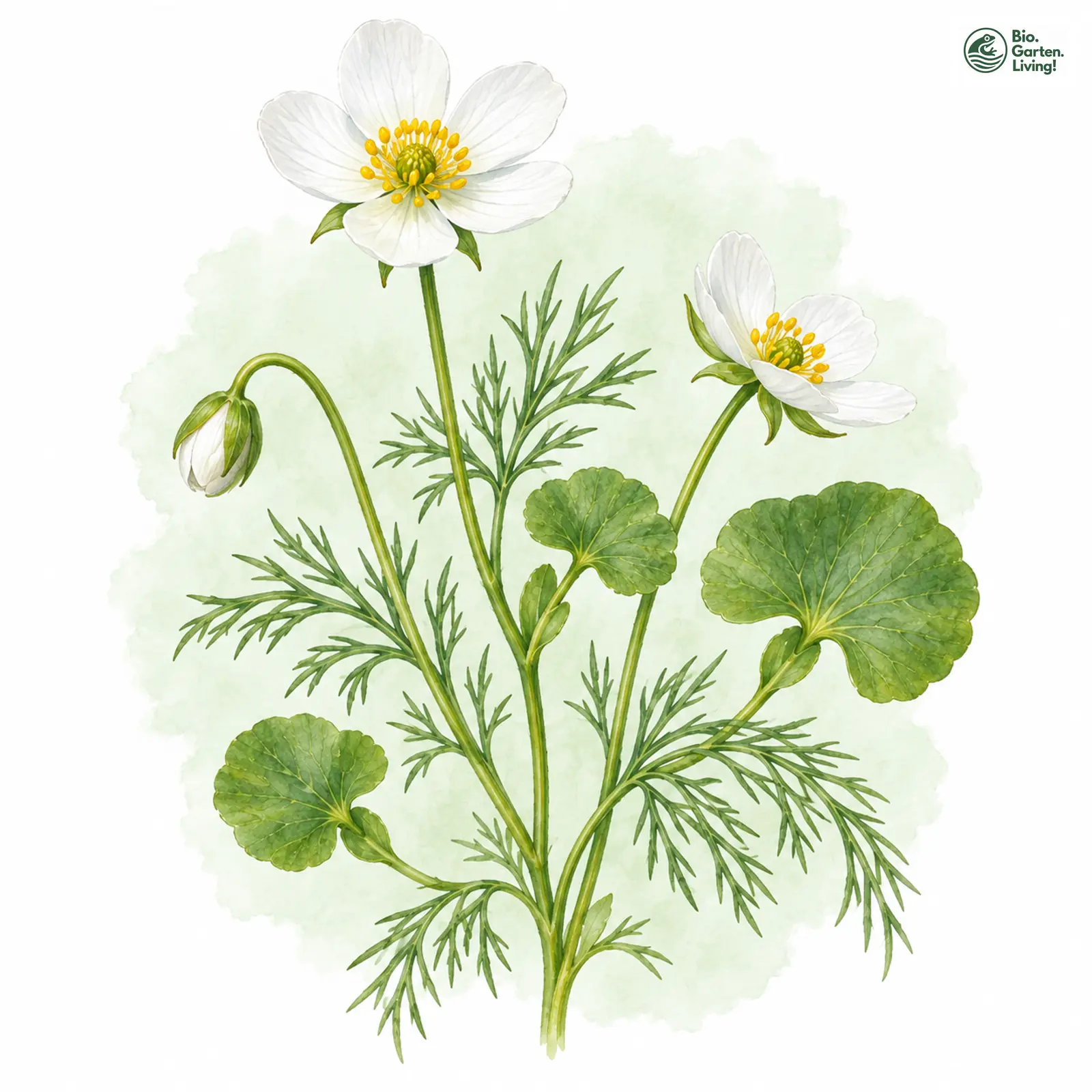 Aquarellzeichnung: Reinweißer Wasser-Hahnenfuß (Ranunculus ololeucos)