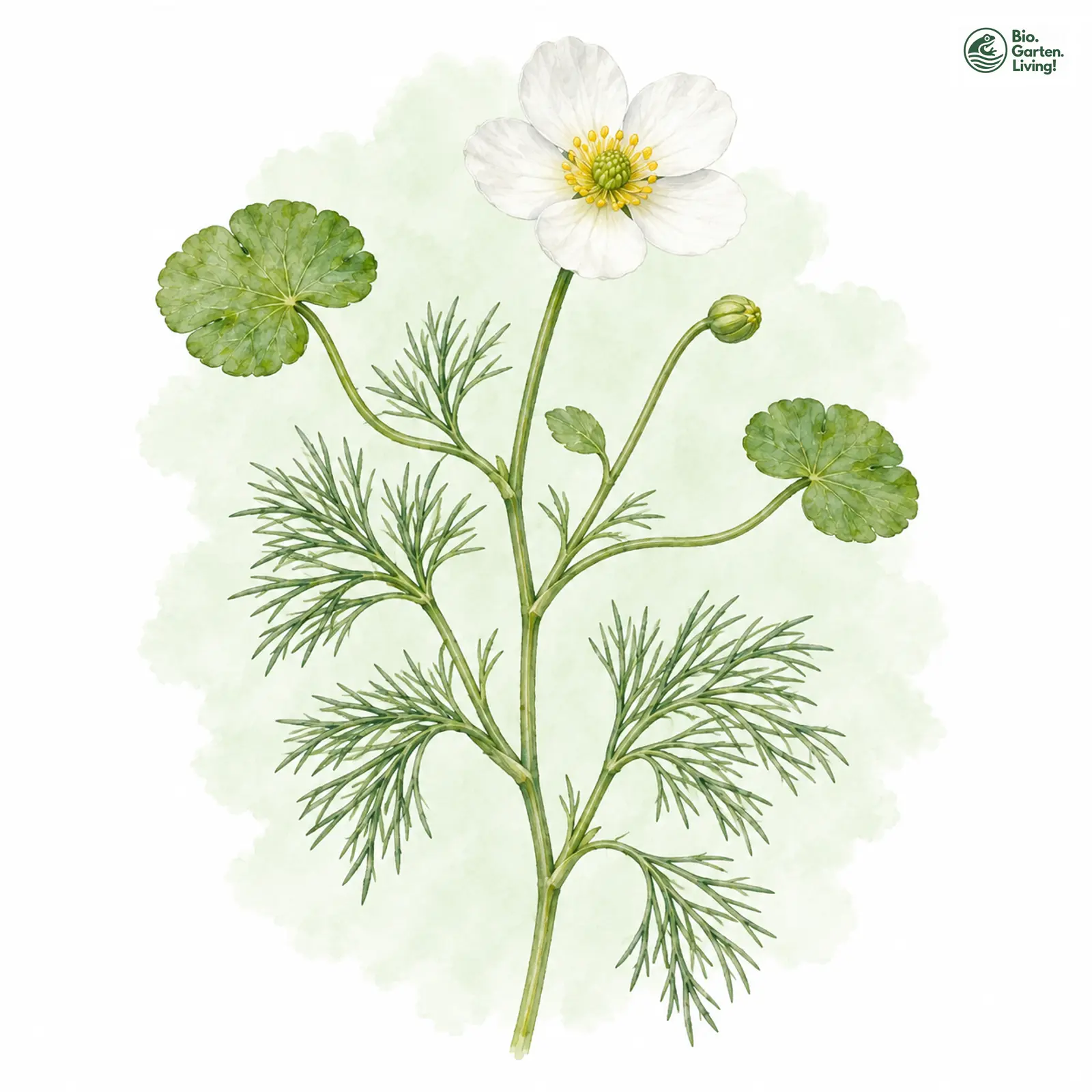 Aquarellzeichnung: Pinselblättriger Wasser-Hahnenfuß (Ranunculus penicillatus)