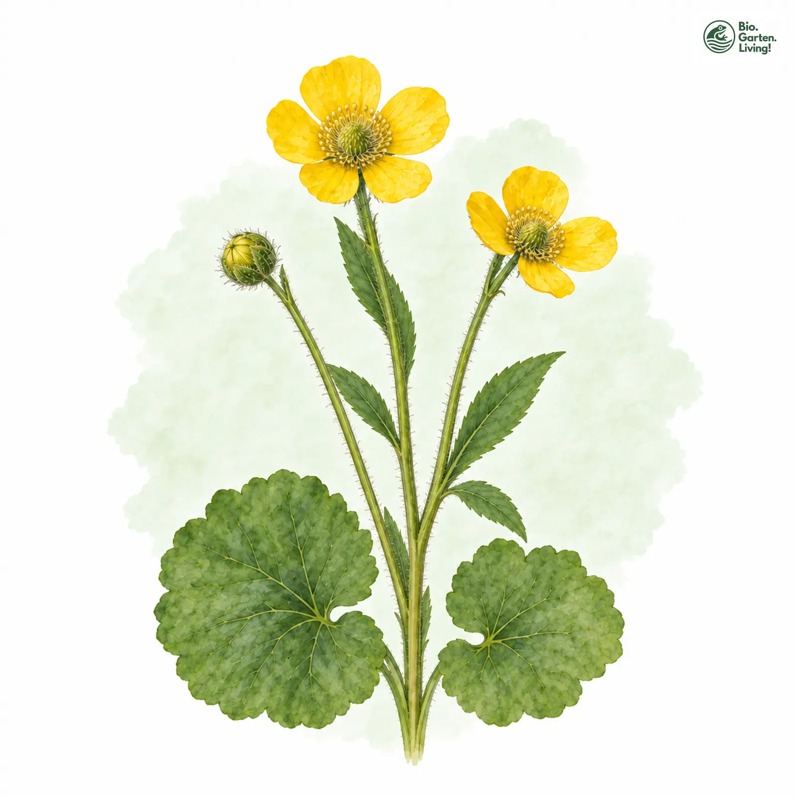 Aquarellzeichnung: Unechter Kaschuben Gold-Hahnenfuß (Ranunculus pseudocassubicus)