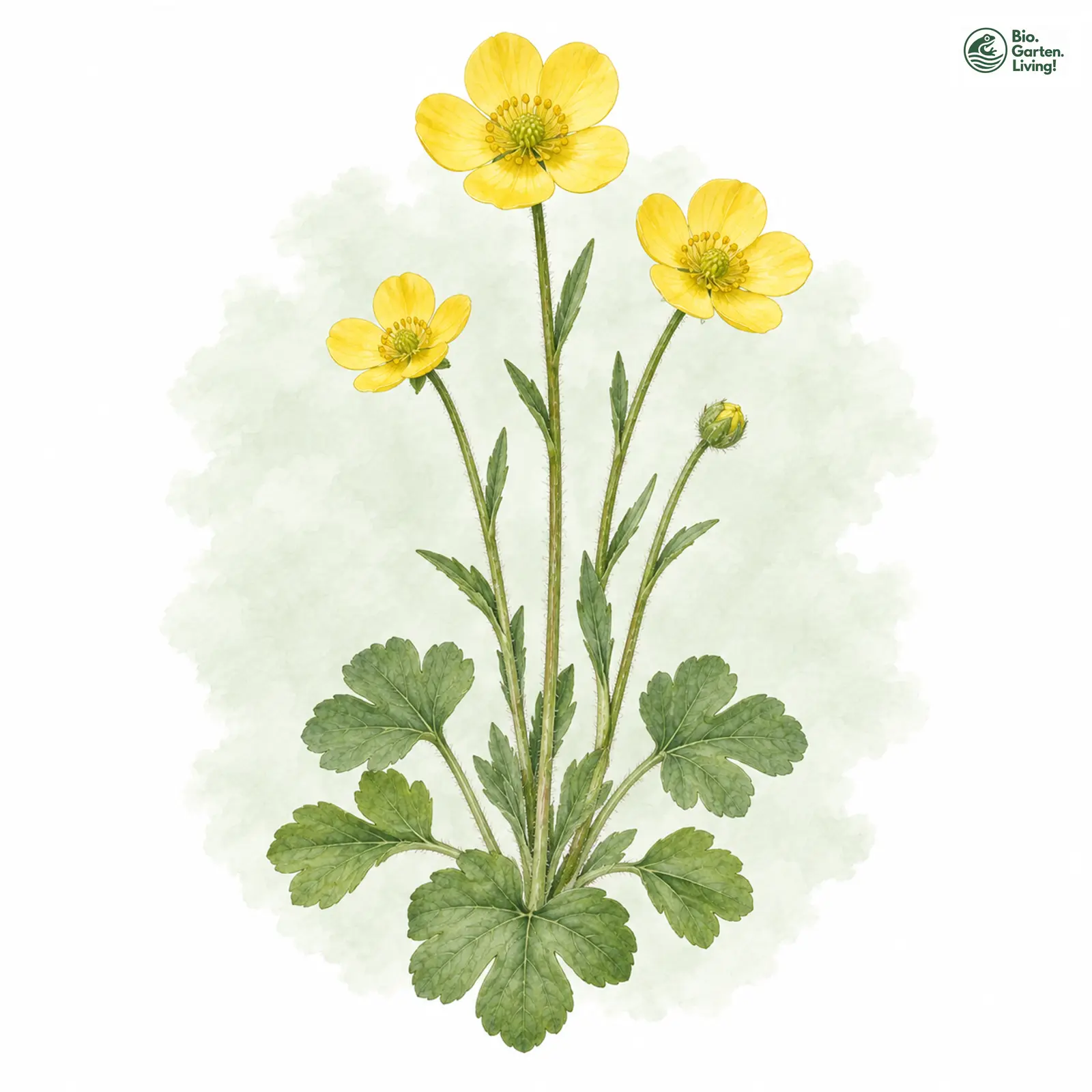Aquarellzeichnung: Unechter Veränderlicher Gold-Hahnenfuß (Ranunculus pseudovertumnalis)