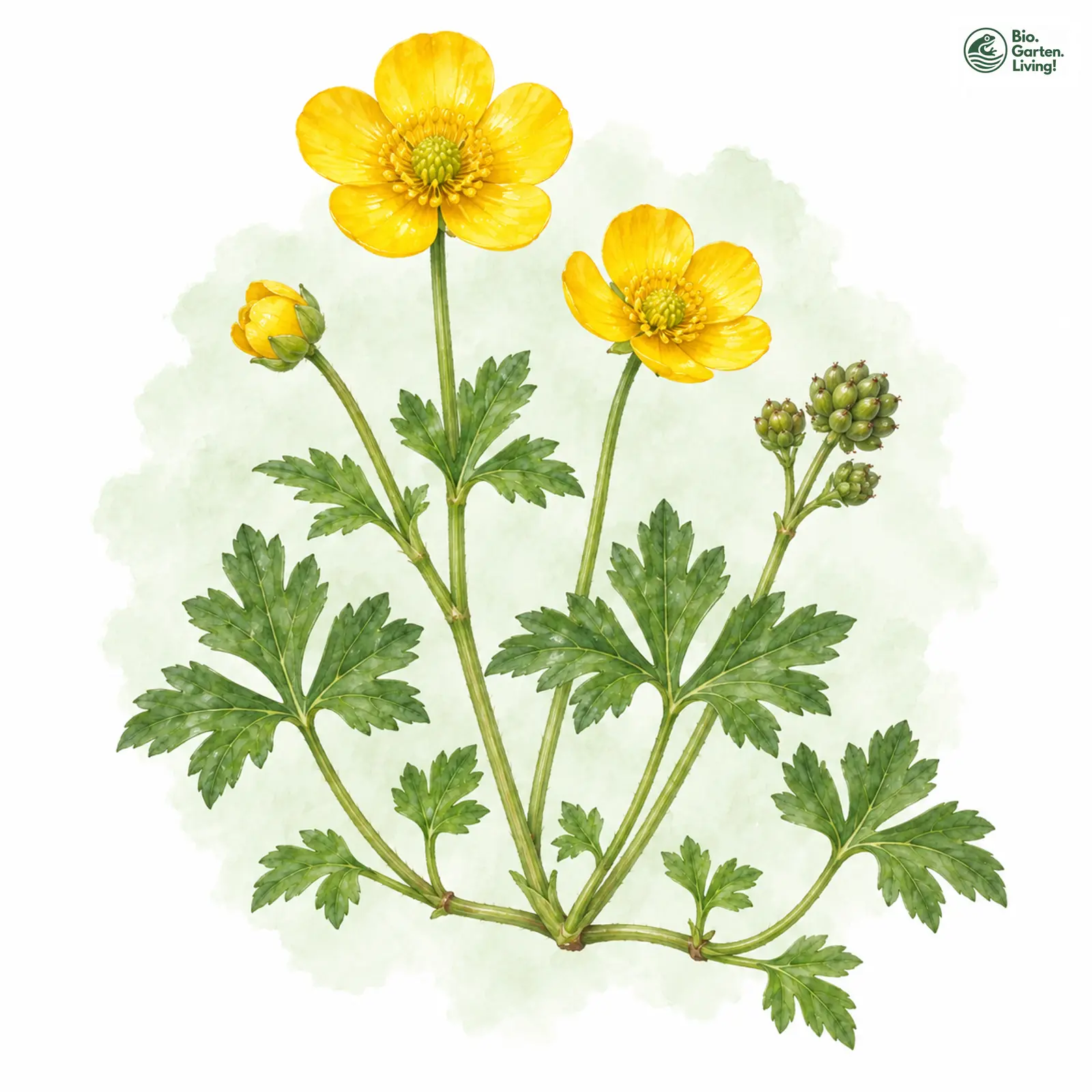 Aquarellzeichnung: Kriechender Hahnenfuß (Ranunculus repens)