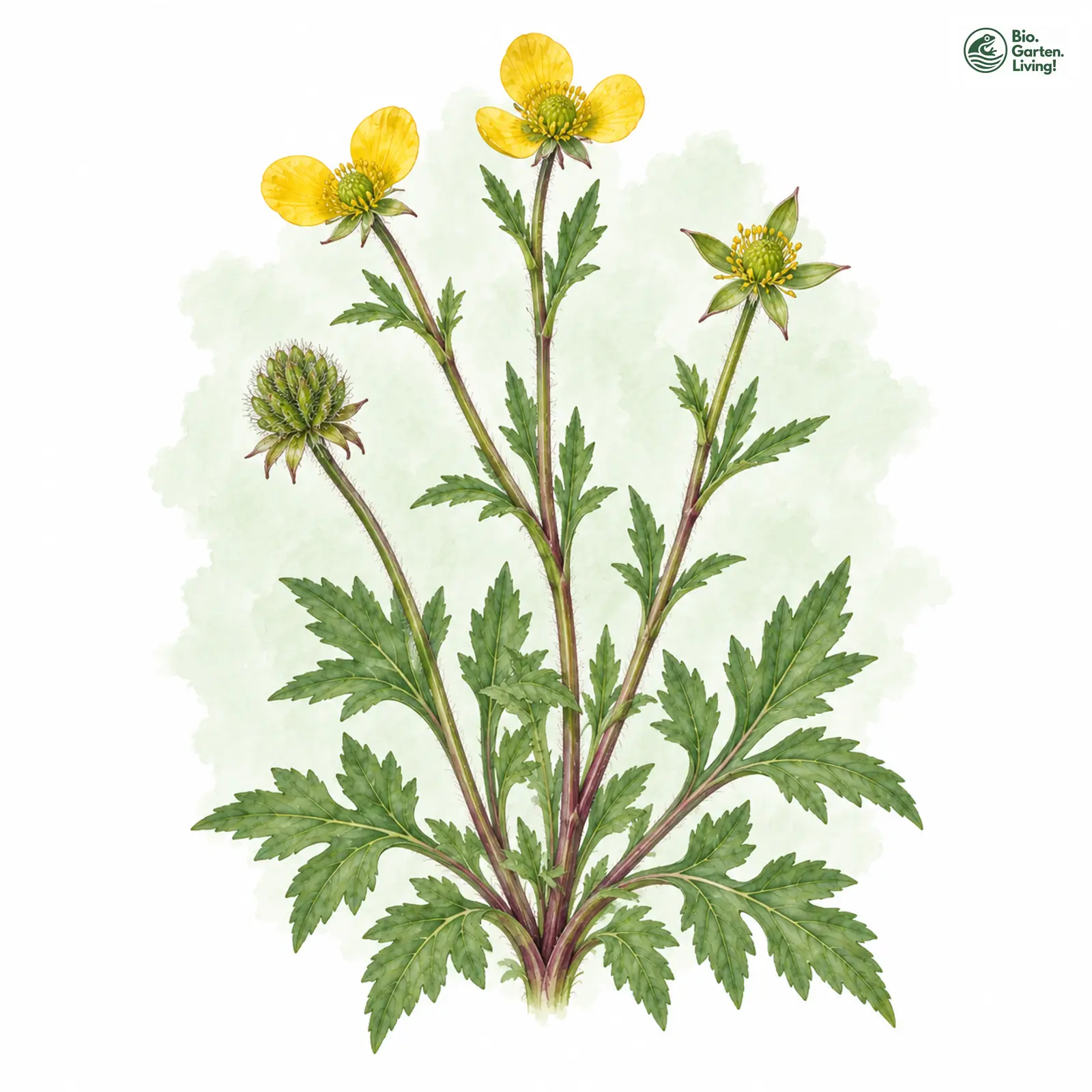 Aquarellzeichnung: Rautenblättriger Gold-Hahnenfuß (Ranunculus rhombilobus)