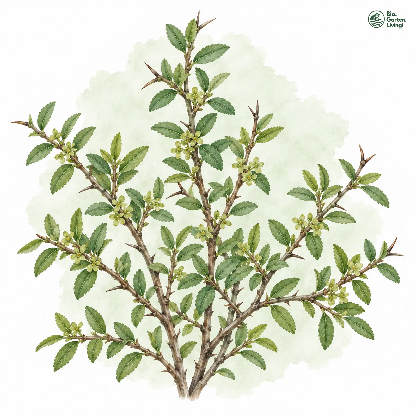 Aquarellzeichnung: Felsen-Kreuzdorn (Rhamnus saxatilis)