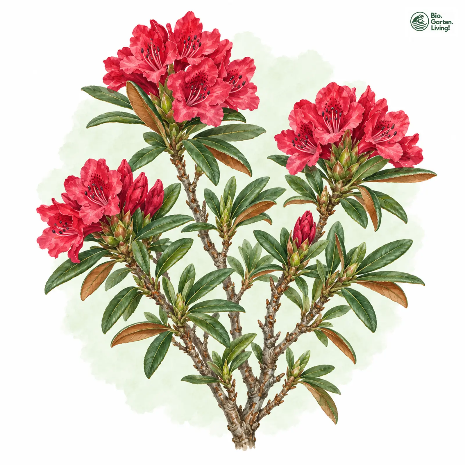 Aquarellzeichnung: Rostblättrige Alpenrose (Rhododendron ferrugineum)