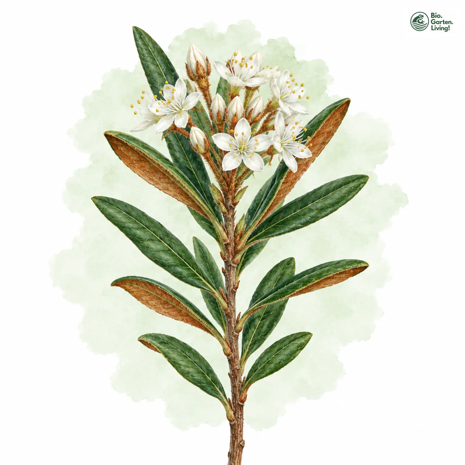 Aquarellzeichnung: Sumpf-Porst (Rhododendron tomentosum)