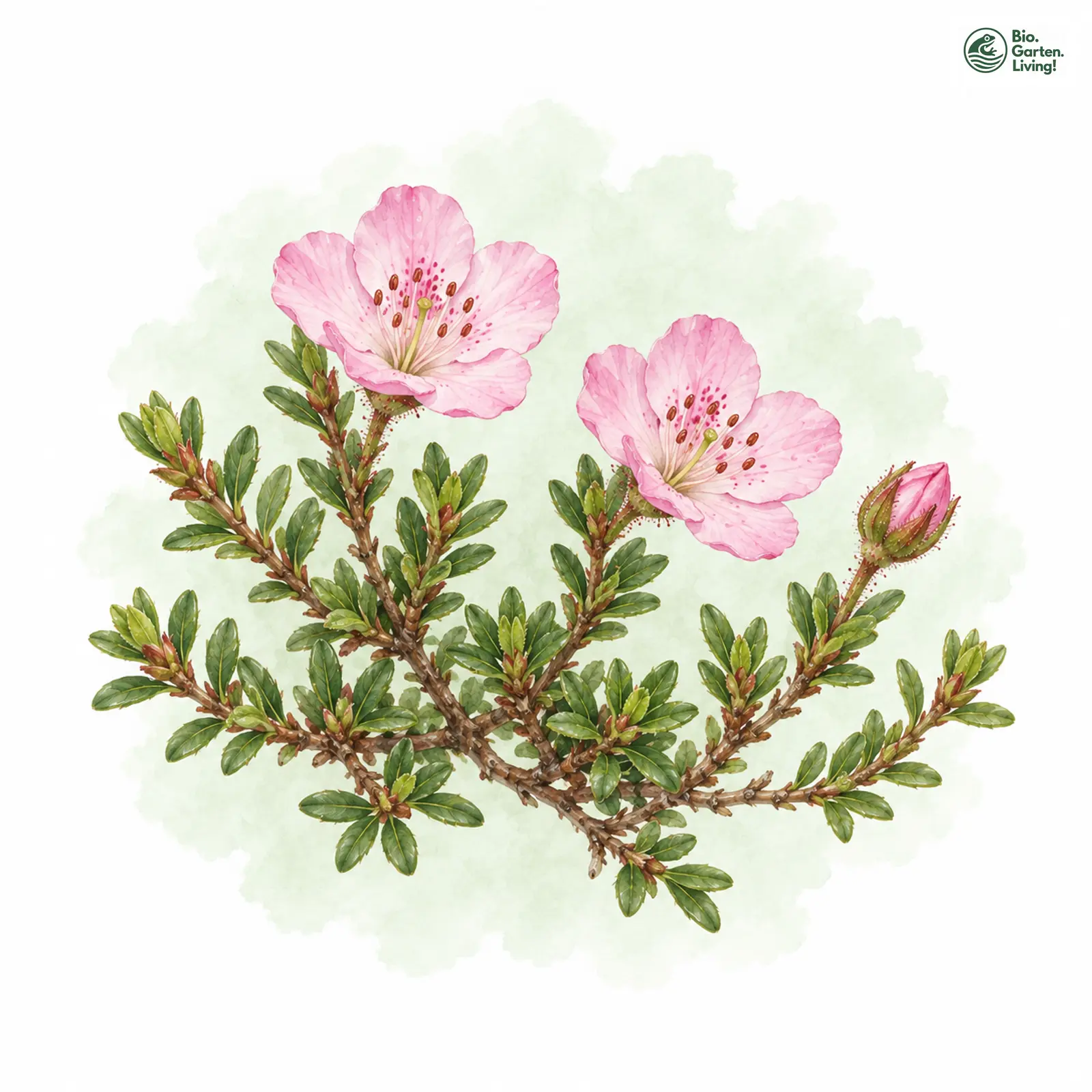 Aquarellzeichnung: Zwergalpenrose (Rhodothamnus chamaecistus)