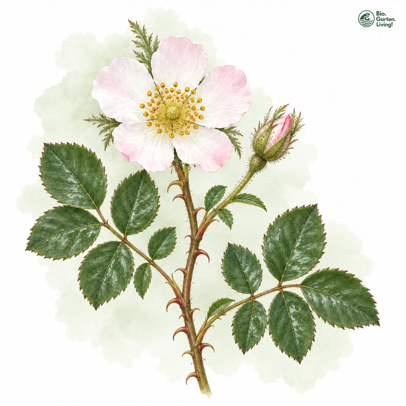 Aquarellzeichnung: Flaum-Rose (Rosa balsamica)