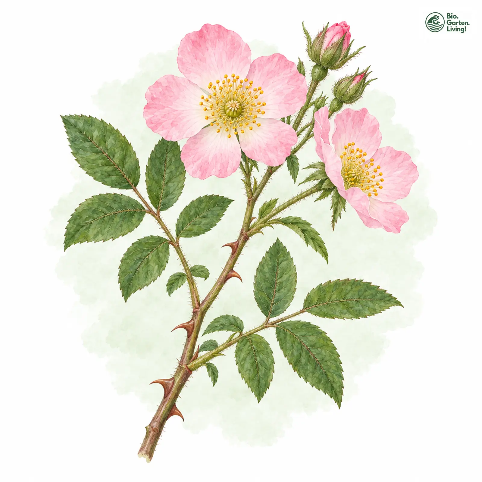 Aquarellzeichnung: Hecken-Rose (Rosa corymbifera (im weiteren Sinne))