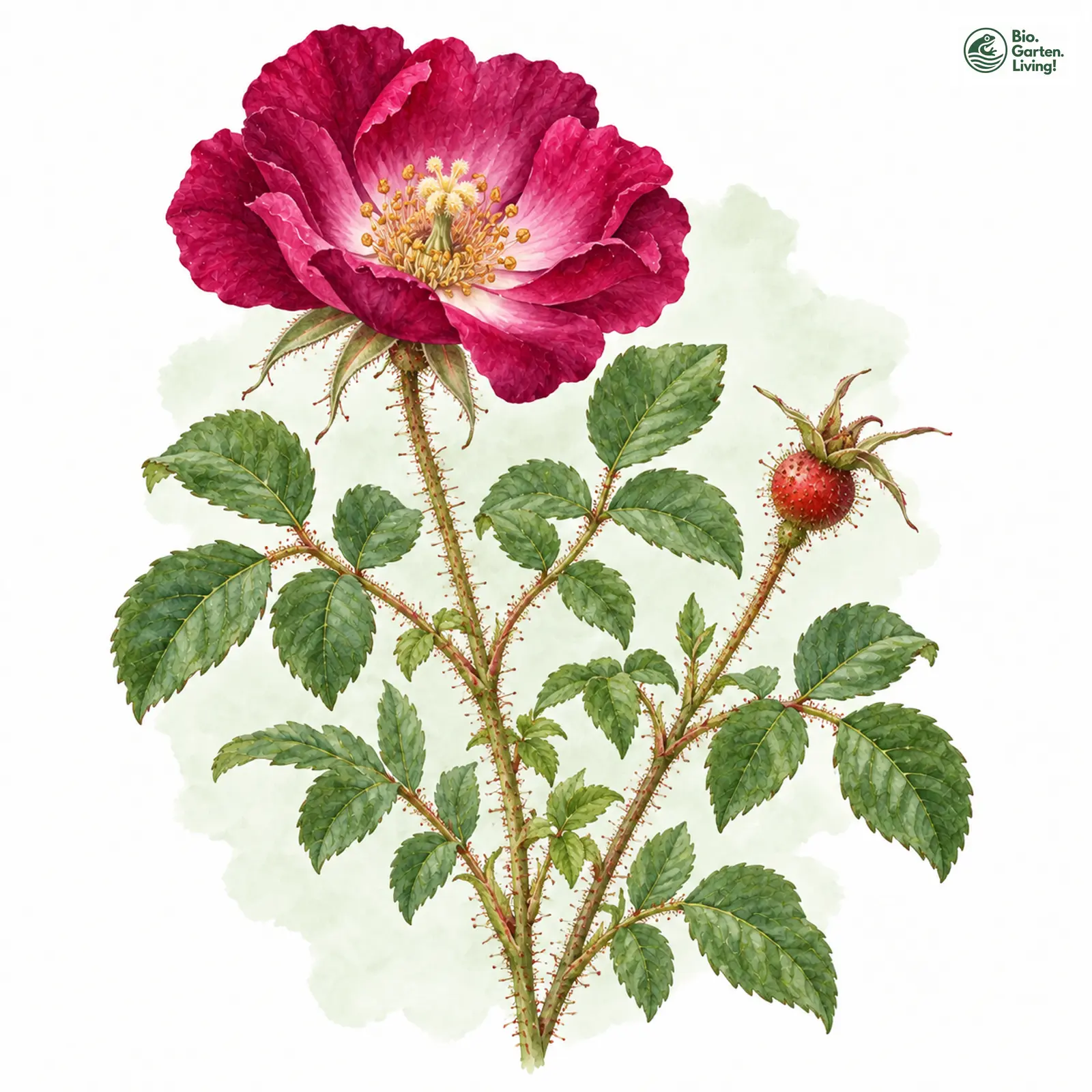 Aquarellzeichnung: Essig-Rose (Rosa gallica)