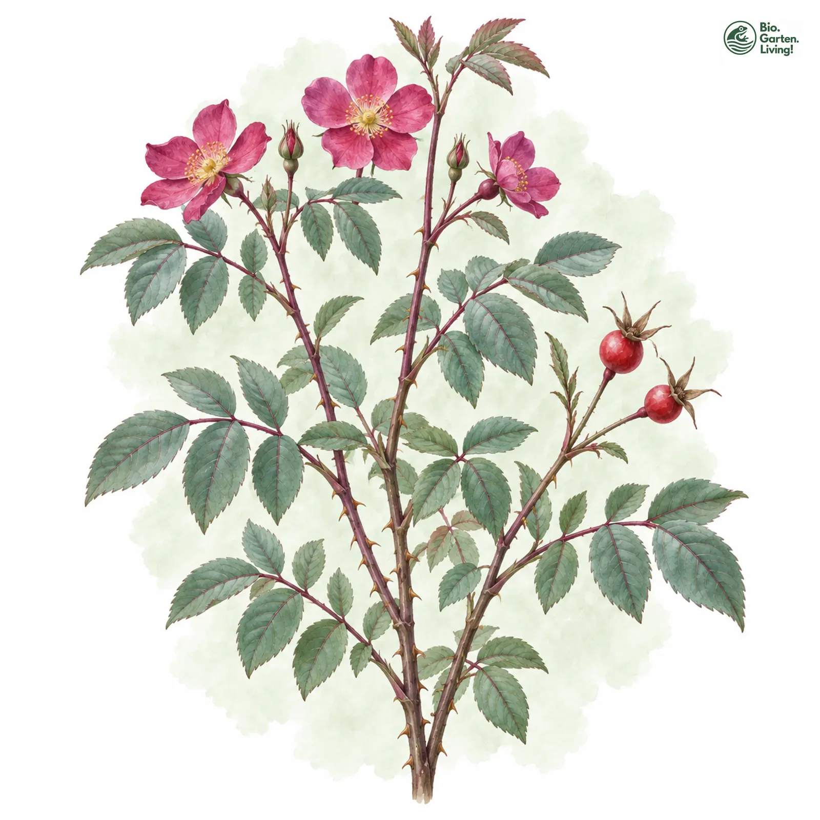 Aquarellzeichnung: Rotblättrige Rose (Rosa glauca)
