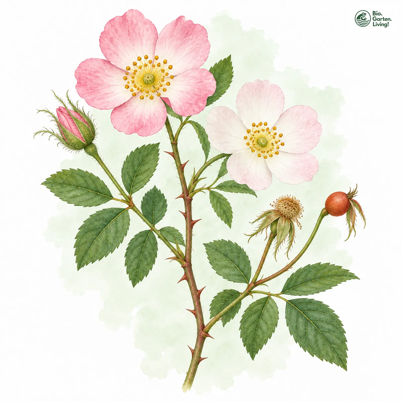 Aquarellzeichnung: Duftarme Rose (Rosa inodora)