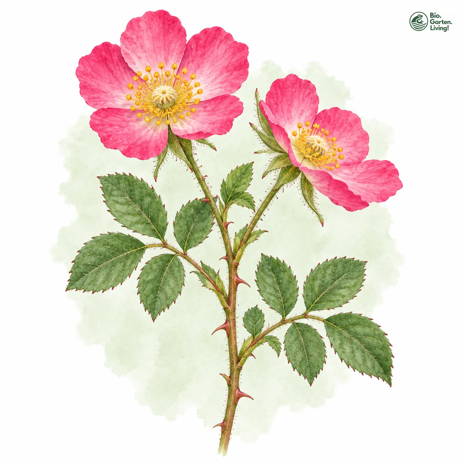 Aquarellzeichnung: Raublättrige Rose (Rosa marginata)