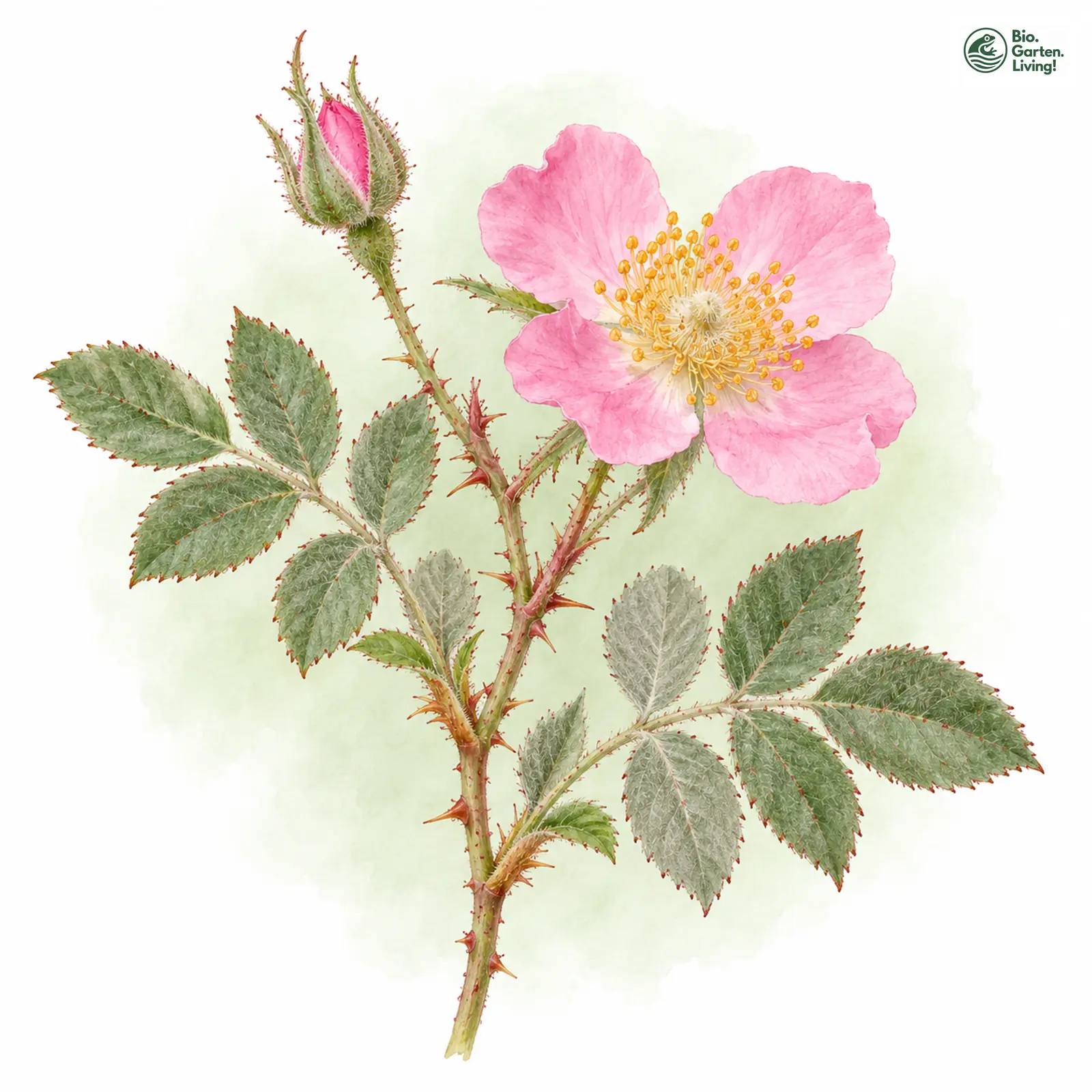 Aquarellzeichnung: Weiche Rose (Rosa mollis)